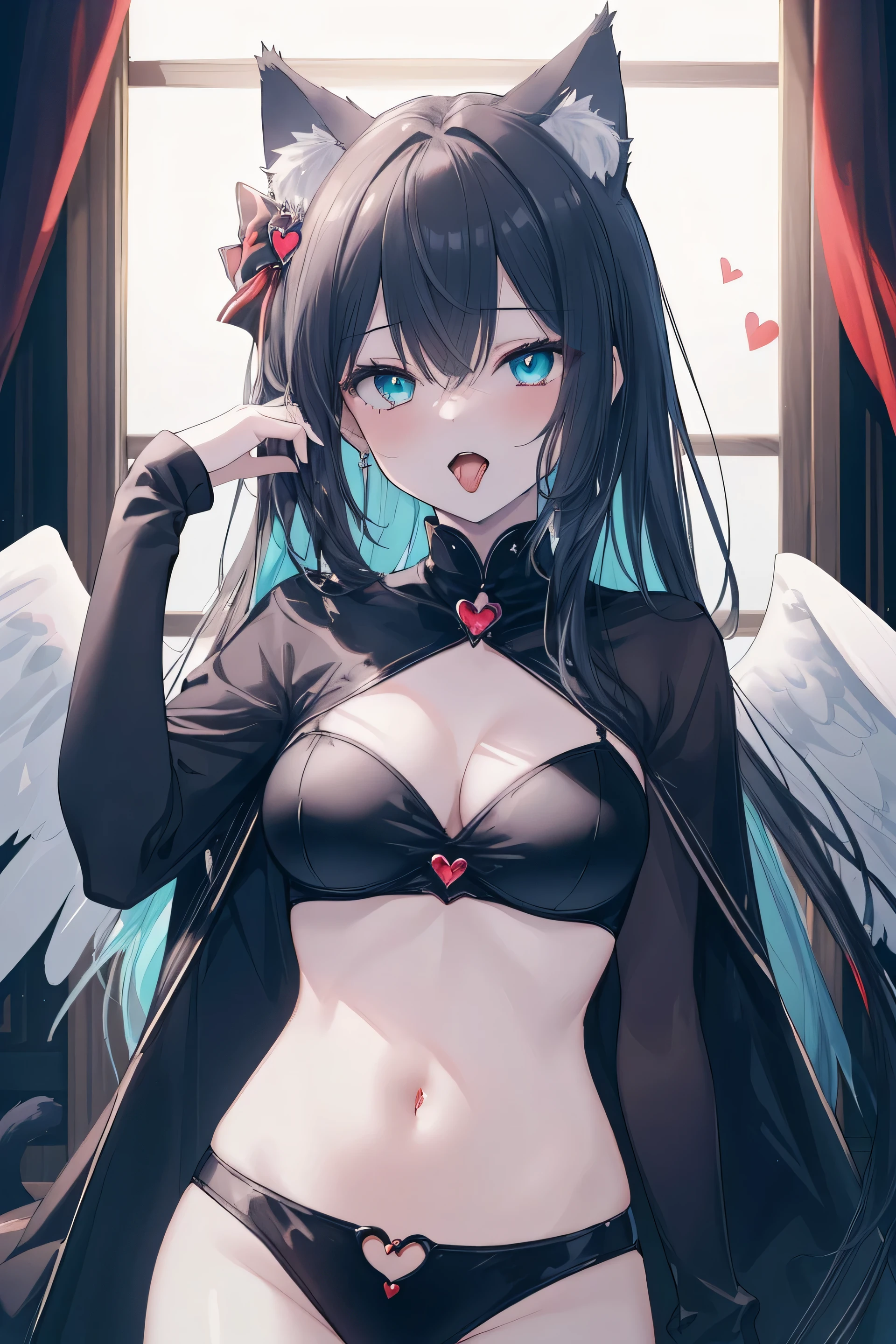 ((masterpiece, highest quality, 8K, High resolution:1.3)), 1 girl, Cat ear, white skin, medium breasts, pointed chest, aqua eye, Angelic Hideaway, devil, darkness, dark fantasy, naughty face, open your mouth, teeth, long tongue, Heart icon, 