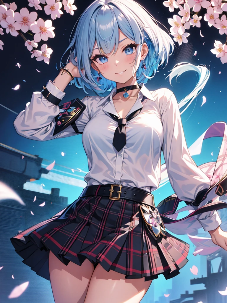 masterpiece, best quality, whole body, 1 girl, bangs, Black choker, 黒のtie,  青いskirt, blushed, bracelet, chest, choker, Clothing around the waist, clavicle, 襟shirt, cowboy shot, ドレスshirt, 耳にearringsの穴を開ける, eyebrows visible through hair, gradient hair, grin, Improve, jewelry, Kogal, pay attention to your audience, ゆるいtie, tie, earrings, Plaid, Plaid skirt, pleated skirt,  ring, uniform, shirt, skirt, smile, alone, white shirt, street, null, Cherry Blossom, petal,figure, (magazine:1.3), (coverスタイル:1.3), Snazzy, female pubic hair, vibrant, clothing, Pause, front, colorful, dynamic, background, element, With confidence, Performance, holding, statement, accessories, majestic, coil, periphery, touch, scene, article, cover, It's bold, to attract attention, title, stylish, Font, It's catchy, headline, bigger, impressive, modern, trend, concentrated, fashion,light blue hair、short hair、blue eyes,Againmu(Again:zero)
