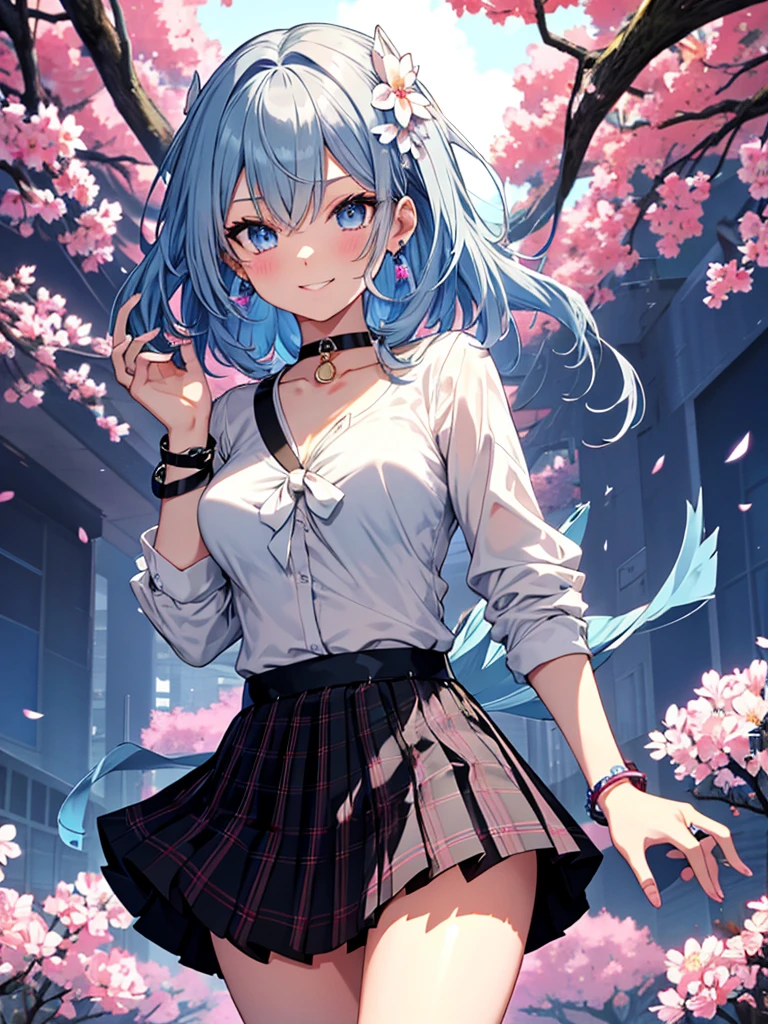 masterpiece, best quality, whole body, 1 girl, bangs, Black choker, 黒のtie, 青いskirt, blushed, bracelet, chest, choker, Clothing around the waist, clavicle, 襟shirt, cowboy shot, ドレスshirt, 耳にearringsの穴を開ける, eyebrows visible through hair, gradient hair, grin, Improve, jewelry, Kogal, pay attention to your audience, ゆるいtie, tie, earrings, Plaid, Plaid skirt, pleated skirt, ring, uniform, shirt, skirt, smile, alone, white shirt, street, null, Cherry Blossom, petal,figure, (magazine:1.3), (coverスタイル:1.3), Snazzy, female pubic hair, vibrant, clothing, Pause, front, colorful, dynamic, background, element, With confidence, Performance, holding, statement, accessories, majestic, coil, periphery, touch, scene, article, cover, It's bold, to attract attention, title, stylish, Font, It's catchy, headline, bigger, impressive, modern, trend, concentrated, fashion,light blue hair、short hair、blue eyes,Againmu(Again:zero)