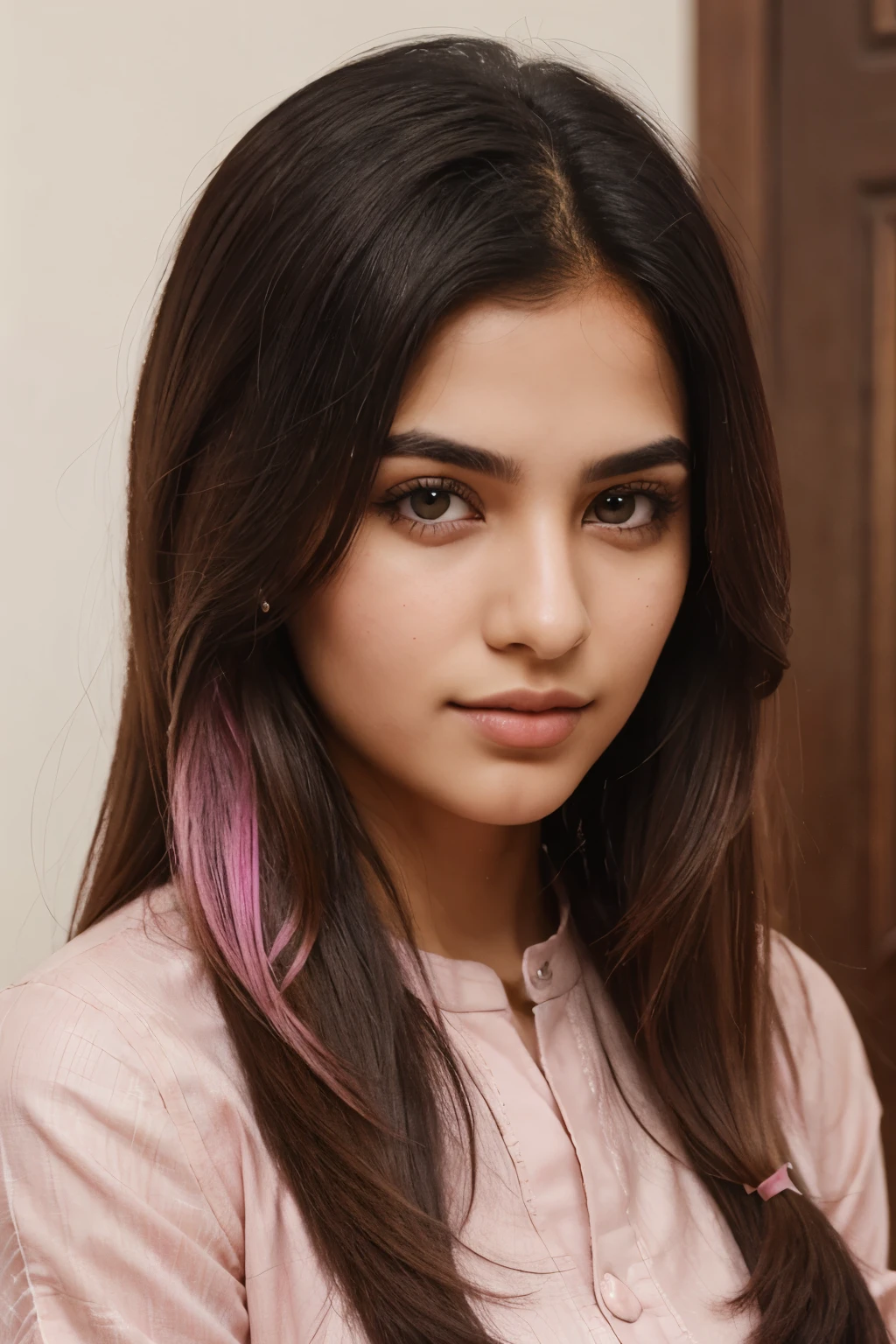 a portrait of a Saudi girl, looking at the viewer head hair pink colour(full kurta)