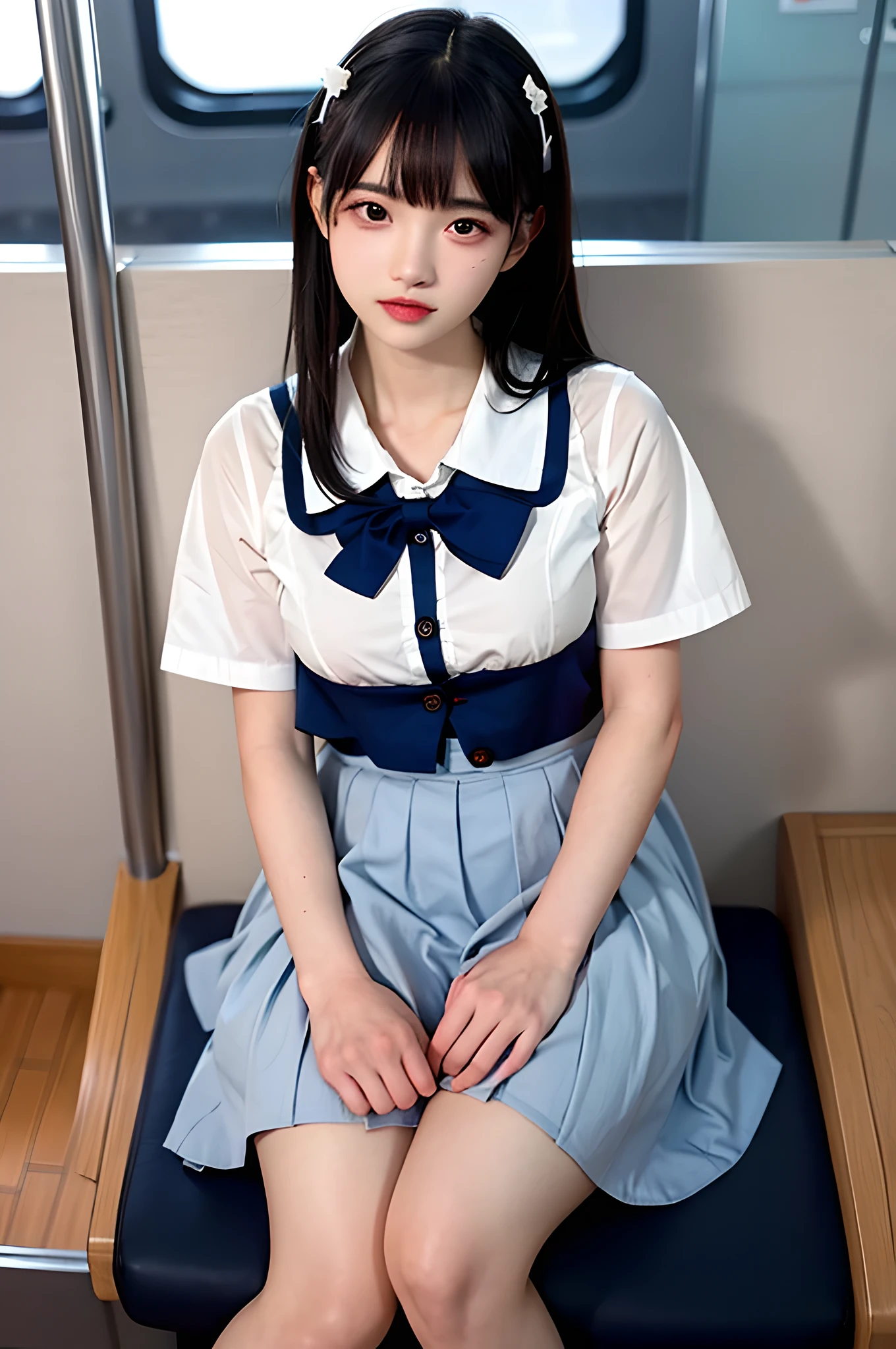 wearing short skirt、Alafid asian woman wearing bow tie sitting on train, cute schoolgirl, japanese schoolgirl uniform, wearing japanese school uniform, japanese school uniform, a hyperrealistic schoolgirl, Dress up as a schoolgirl, hyperrealistic schoolgirl, Wearing school uniform, realistic schoolgirl, Girls wear, Wearing school uniform, consisting of a female student, whole body, Good skin, glowing skin, beautiful thighs,glowing thighs, Glowing legs, (())