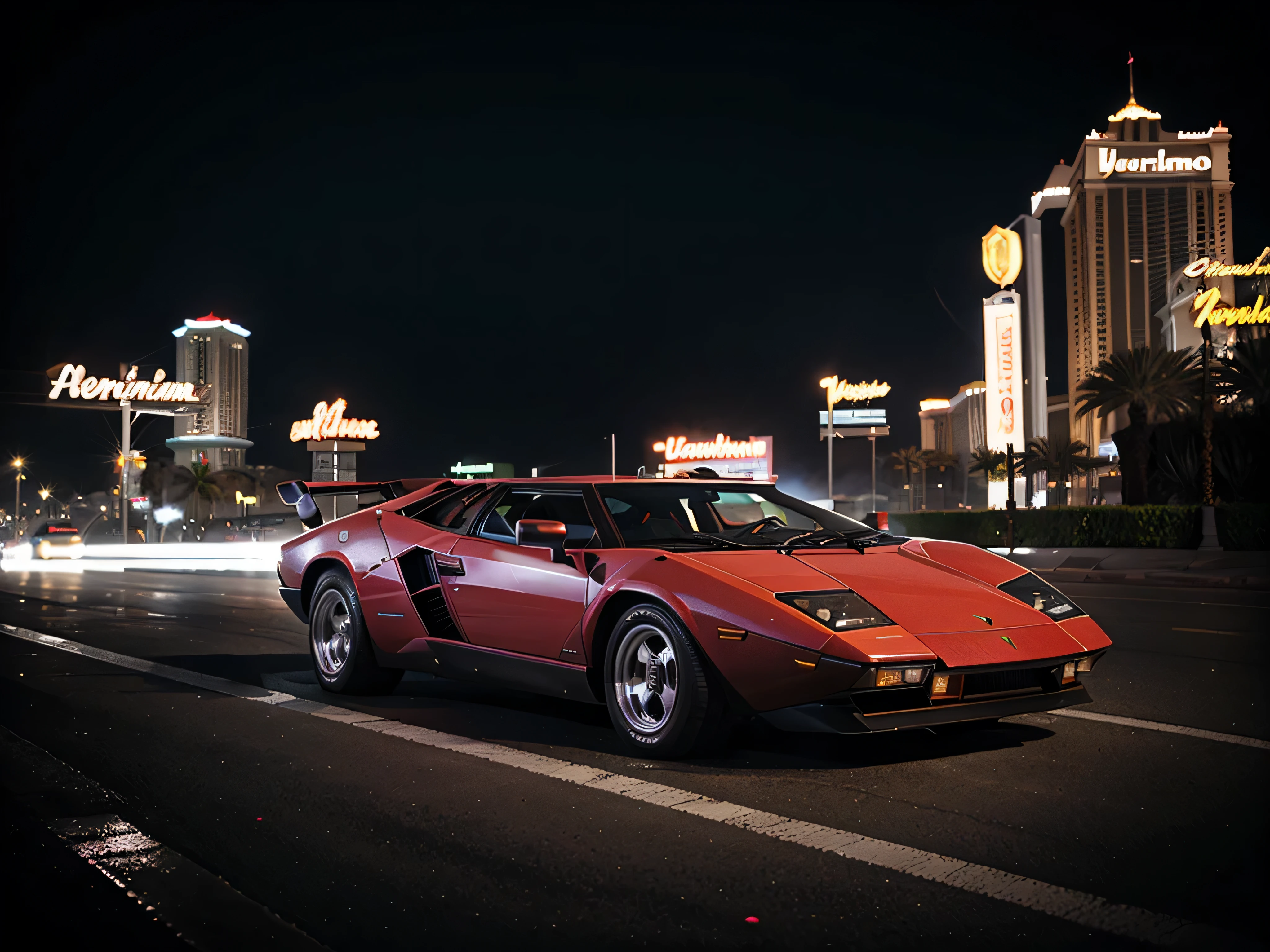 lamborghini countach in las vegas, neons, foggy weather