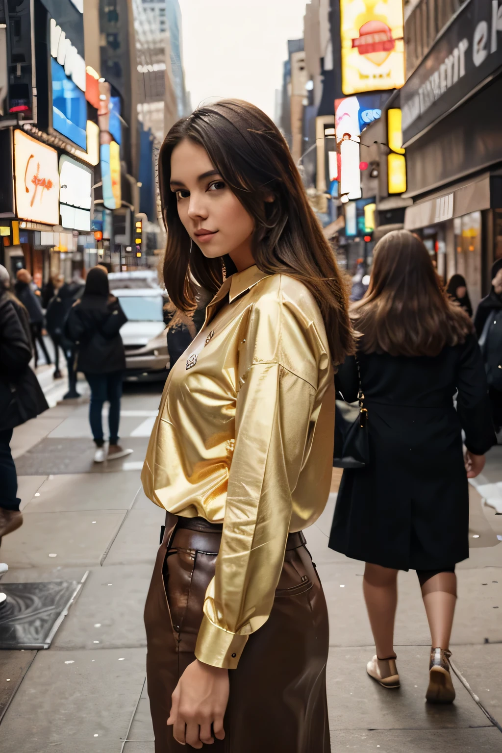 A girl standing in new York city wear a Golden shirt with white pent  brown Head realistic 
