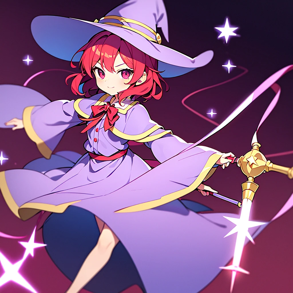 masterpiece, best quality, a cartoon image of a girl with red hair holding a wand and a witch hat, 1girl, solo, little girl, child, 10 years old, hat, purple hat, witch hat, hat ribbon, short red hair, (short hair), forehead visible bangs, hair flaps, well-formed face, red eyes, long sleeves, purple sleeves, wand, magical wand, purple capelet, capelet, yellow ribbon, ribbon, purple headwear, star (symbol), holding, holding wand, simple background, white background, purple witch cloth, touhou project, one piece clothes, upper body, (wide shot), have a cane, from front, look at viewer, standing