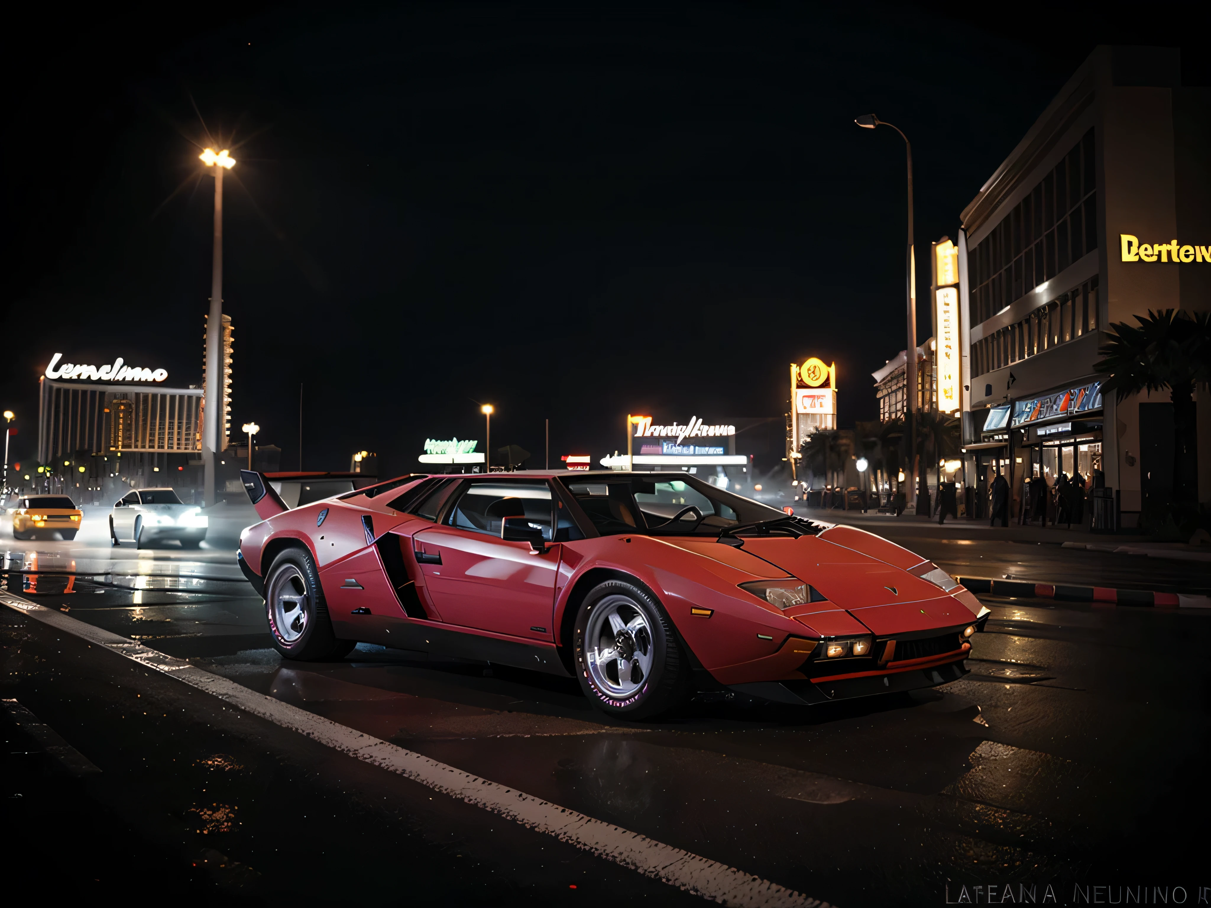 lamborghini countach in las vegas, neons, foggy weather