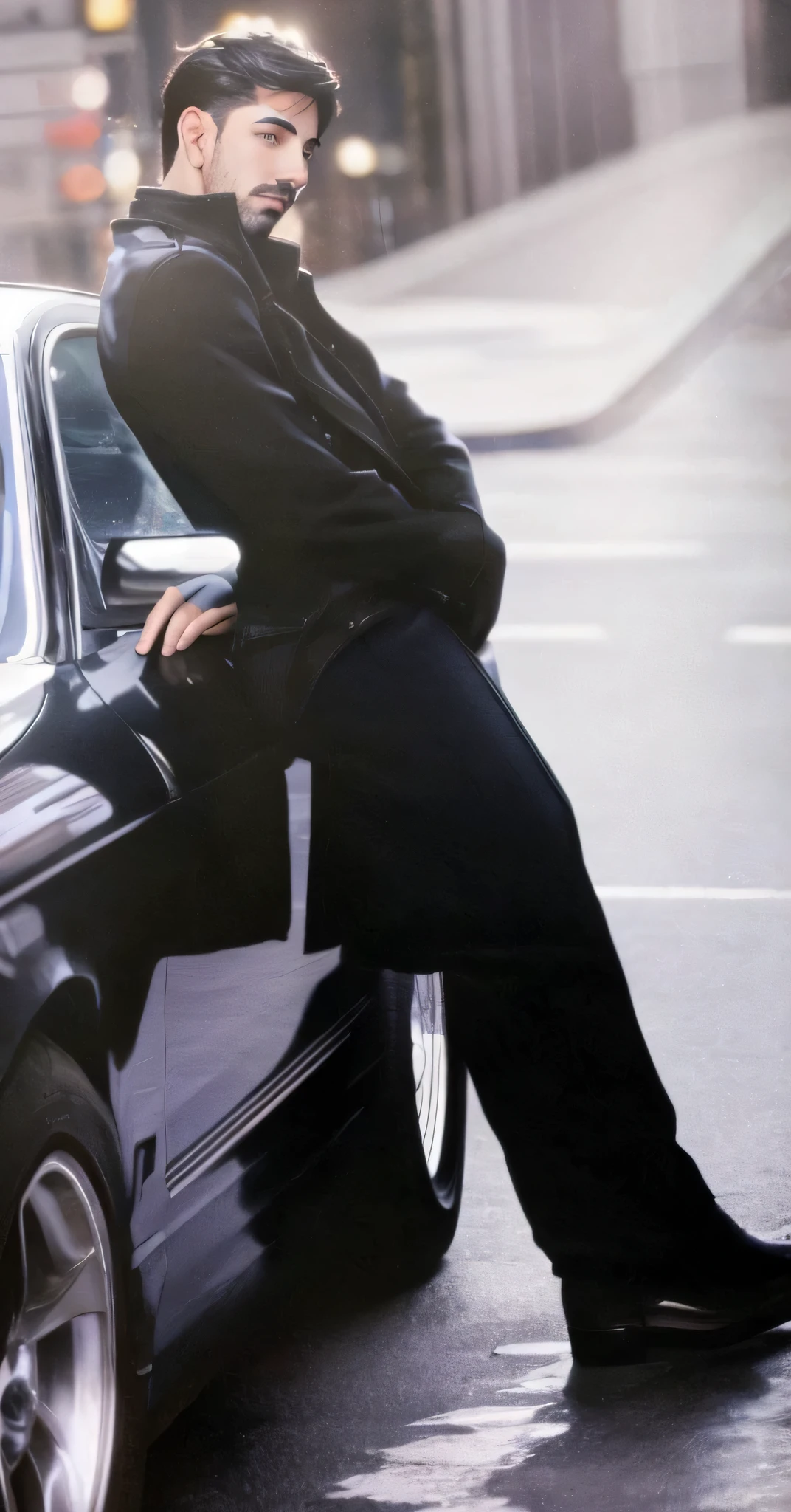 faaris azura sitting on the hood of a car, promo art, faaris azura standing beside car in nyc, faaris azura