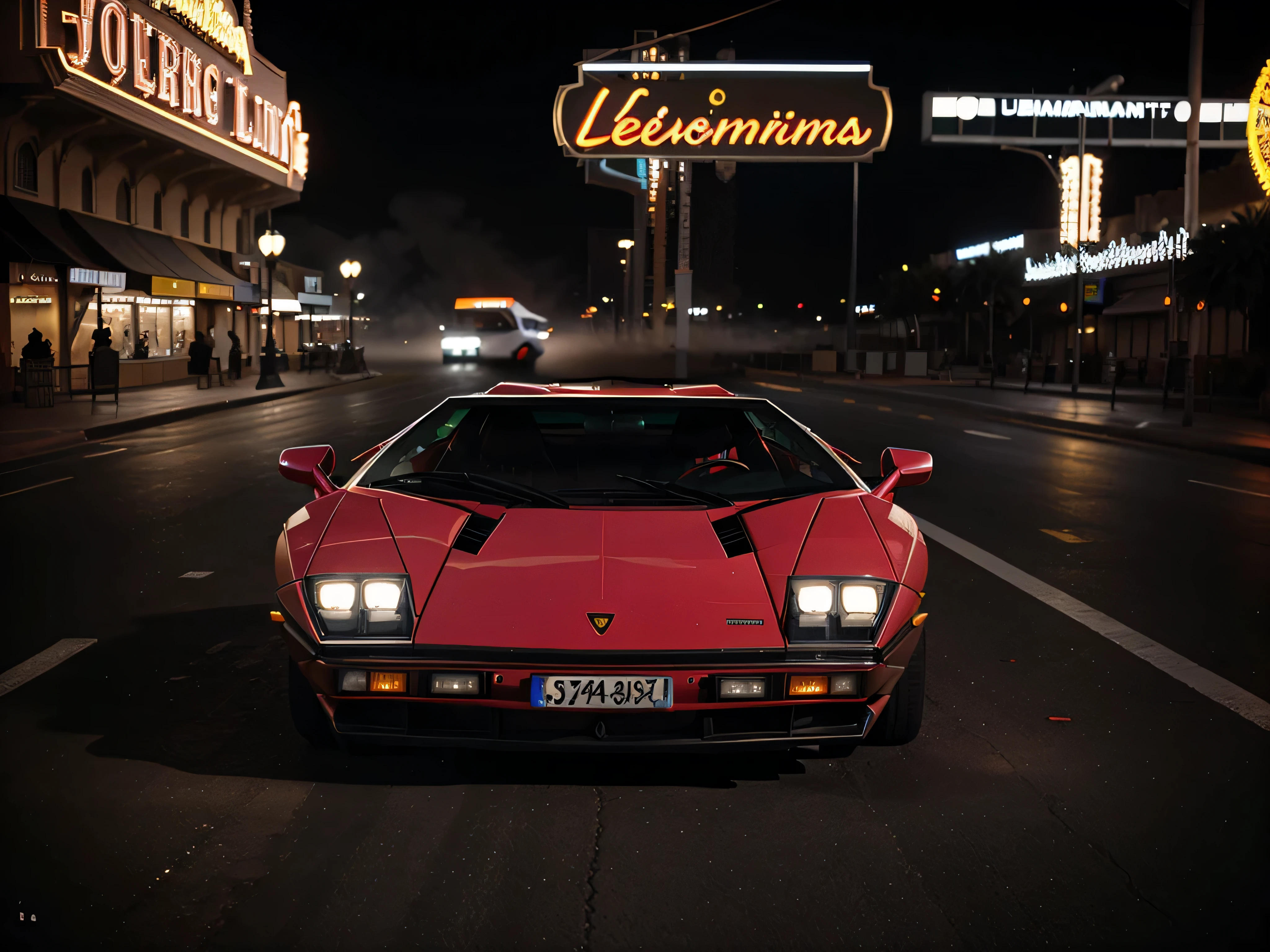 lamborghini countach in las vegas, neons, foggy weather