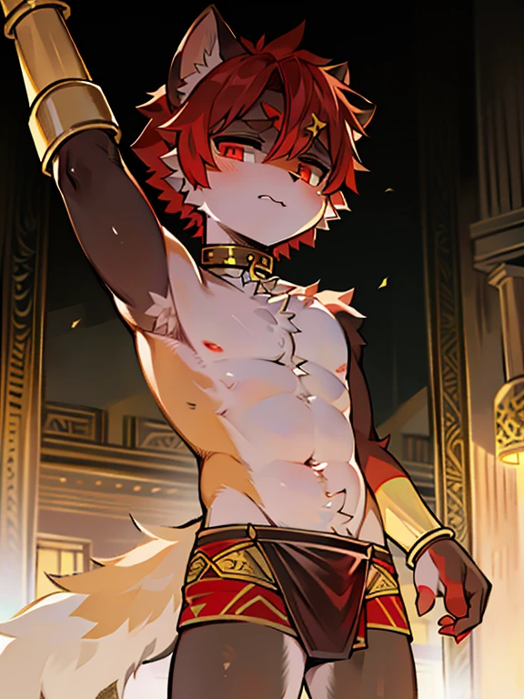 Master masterpieces,A high resolution,8K,detailedbackground,high qulity,((Yellow fur,Black sclera,red color eyes,Fluffy fur,Detailed fur)) hairy pubic, Broken, mascular,( Libido boy,Shota) human - shaped,fig leaf,loincloth(Ancient Greek architecture,bazaars,choker necklace,bangle),独奏,