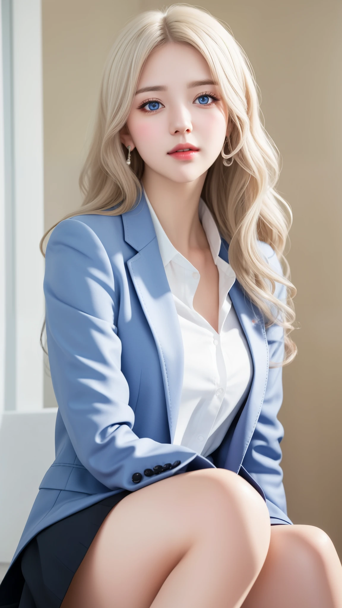 (hyper-realistic), (illustration), (high resolution), (8k), (Very detailed), (best illustration), (Beautiful and delicate eyes), (best quality), (Super detailed), (masterpiece), (wallpaper), (Detailed face), Realistic skin, anatomically correct, alone, 1 girl, (wavy white hair:1.2), (beautiful susie:1.7), (Beautiful and cute JAV idol:1.7), heterochromatic eyes, (Detailed blue eyes), There is a small mole under the eye, (faint smile:1.1), (big breasts:1.2), Navy blue formal blazer, White shirt, black miniskirt, long legs, Firm abs, dynamic poses,