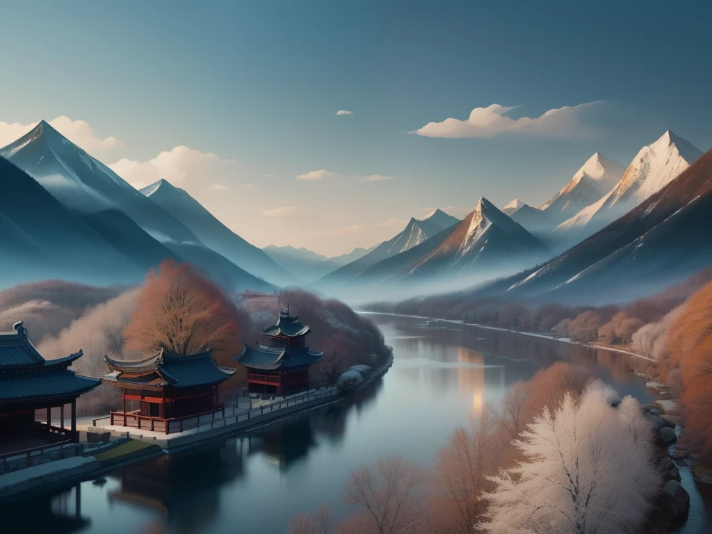 The mountains are majestic，The river is winding，A tranquil Chinese landscape painting, Capture the beauty of nature. Created in a delicate ink painting style, Has complex brush strokes and monochromatic color palettes. Artwork evokes the peaceful nature of the ancient town, Inspired by the masterpieces of Wang Hui and Xu Yang. The essence of Chinese classical art.