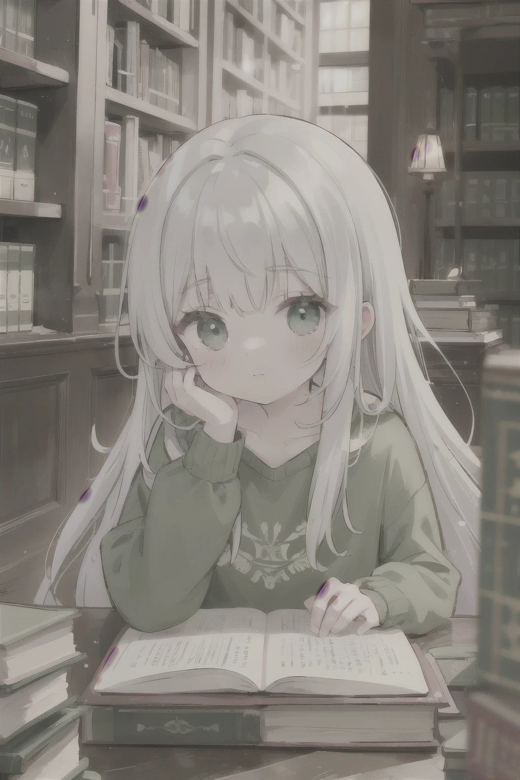 Sive Volosya, Green sweater, Library reference, Books, Bookcases, sun rays. Upper body, Lolita