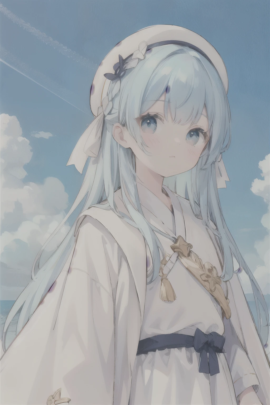 blue hair, white robes, BLUE SKY BACKGROUND, the sky with clouds, clouds, Upper body, ta