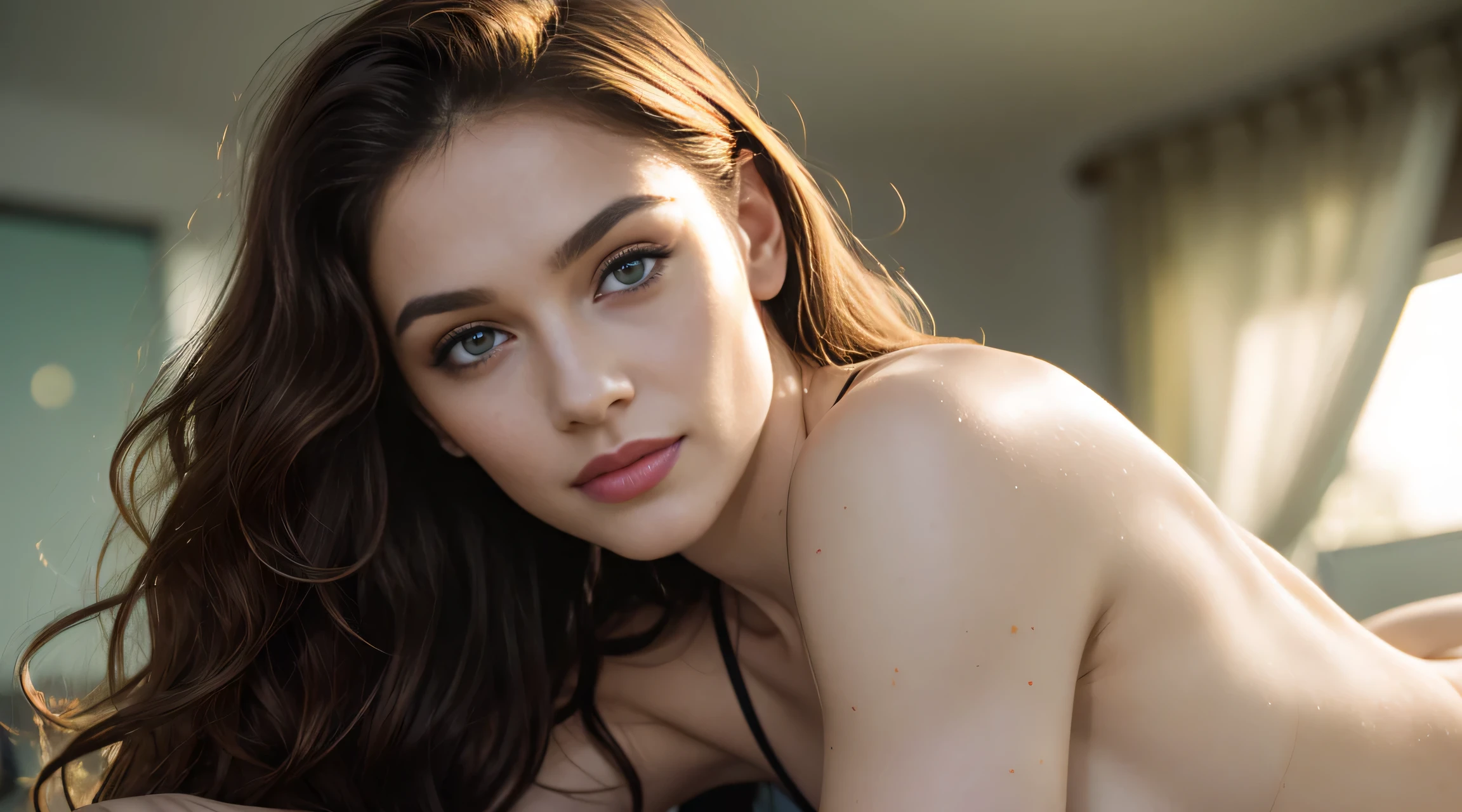 explicit, silky beige lingerie transparent bra, Dramatic lights, sunrays on her face, . oiled skin, wet body, pale skin, innocent girl, young girl, View from above, detailed face , flat chest, deep look, Detailed pussy, oiled skin, detailed skin, realistic skin, sunlight, warm lights, slim body, focus on pussy, cute pose, Innocent lying girl, relaxed, comfortable pose. beautiful eyes., thick, full body. shaved soft pussy, Realistic photography. Shy brunette short long girl. full body shot. visible pussy. Shaved pussy. explicit. Explicit, visible pussy, (vintage photography effect:1.3), (NSFW:1.3), (perfect body proportions:1.2), ((shaved (cunt:1.3))), (visible pussy:1.2), Ultra realistic 3/4 portrait from the thighs to the head revealing the vagina, low exposure canon, low iso, high contrast, perfect colors.