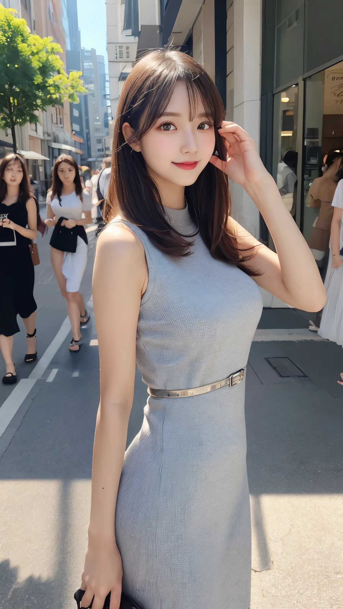 Tabletop, highest quality, figure, Very detailed, In detail, High resolution, 8k wallpaper, Perfect dynamic composition, Beautiful fine details, Natural color lip, Random sexy poses,smile,Aoyama Street Walk、20-year-old girl、Extremely tight dress、I-Line Dress、No underwear、Less pubic hair、Skirt flip、Skirt tucked up、Expose、Strong winds、スカートがStrong windsで上にめくれ上がる、The skirt flips up and her genitals are exposed.、Flashy panties