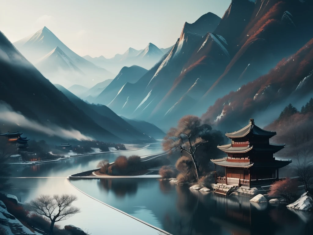 The mountains are majestic,The river is winding,A tranquil Chinese landscape painting, Capture the beauty of nature. Created in a delicate ink painting style, Has complex brush strokes and monochromatic color palettes. Artwork evokes the peaceful nature of the ancient town, Inspired by the masterpieces of Wang Hui and Xu Yang. The essence of Chinese classical art.