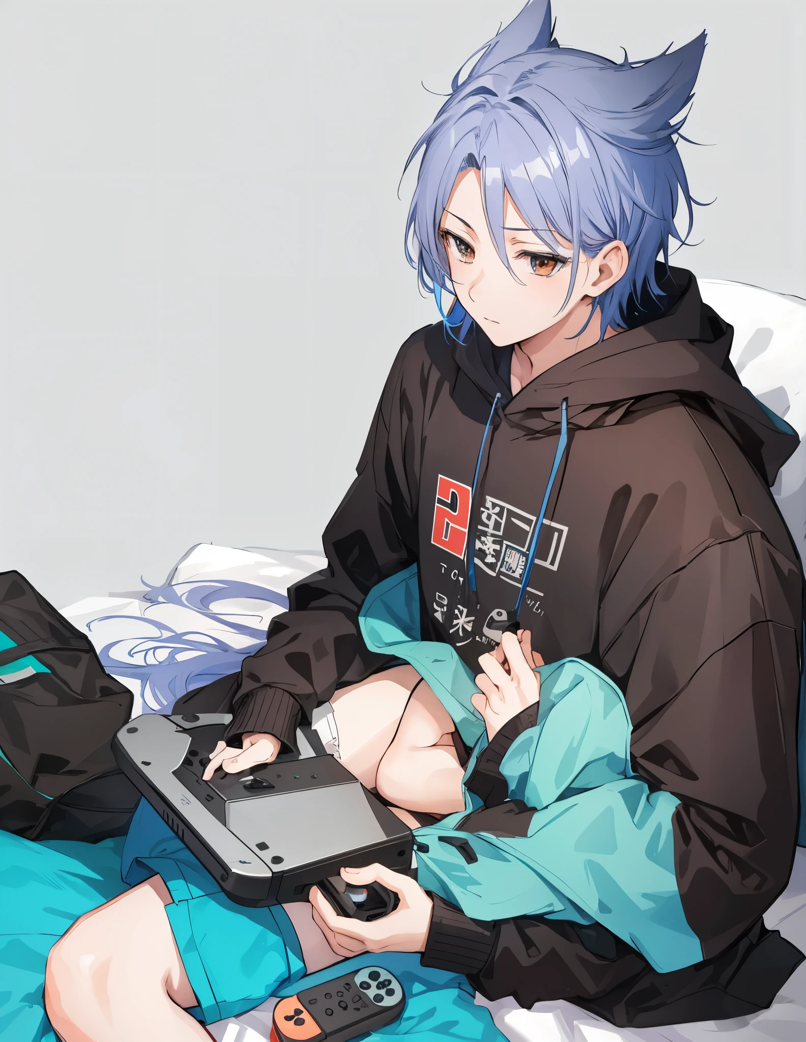 anime man play gaming console switch on a bed, at pixiv, high quality fanart, by Shitao, by Shingei, by Ei-Q, 2 d anime style, sasoura, by Kamagurka, detailed fanart, inspired by Okumura Togyu, hidari and vlop, hold gaming console, man brown Hoodie, and for the girl sleep sideview