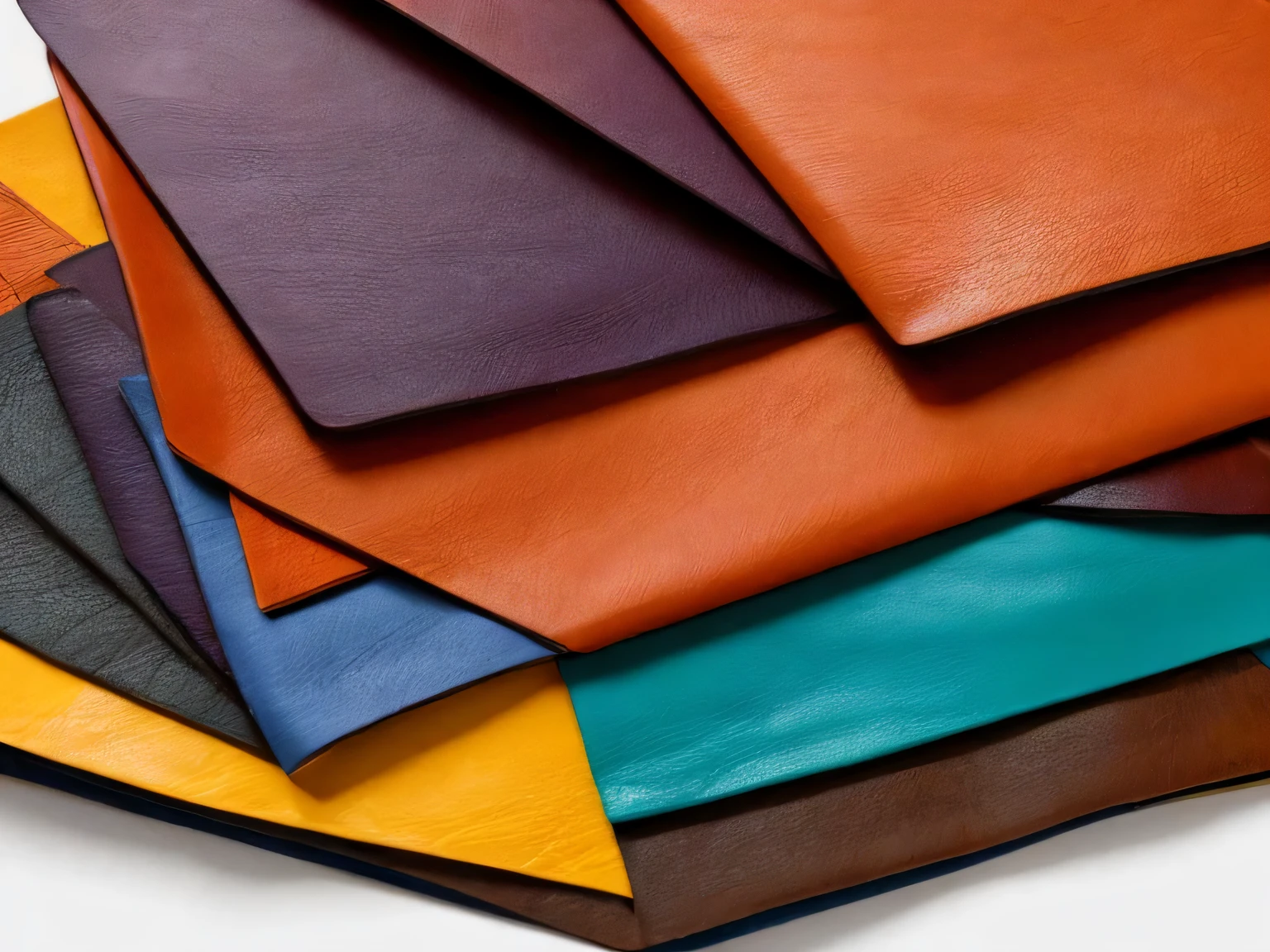 Multiple sheets of colorful leather stacked on tabletop