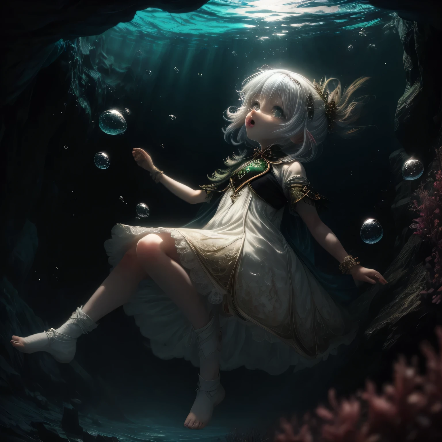 official art, extremely detailed CG unity 8k wallpaper, in winter, loli, kawaii, white hair, very short hair, light blush, cute face, heterochromia, blowing in the wind, wide open eyes in surprise, yell out in surprise, A lot of small bubbles, depth of fields, full body, Looking up from side, focus on the lower abdomen, underwater, in a cave filled with water, Look away, look up at the sky, bend knee, bend elbow, Dutch Angle, god rays, masterpiece, best quality