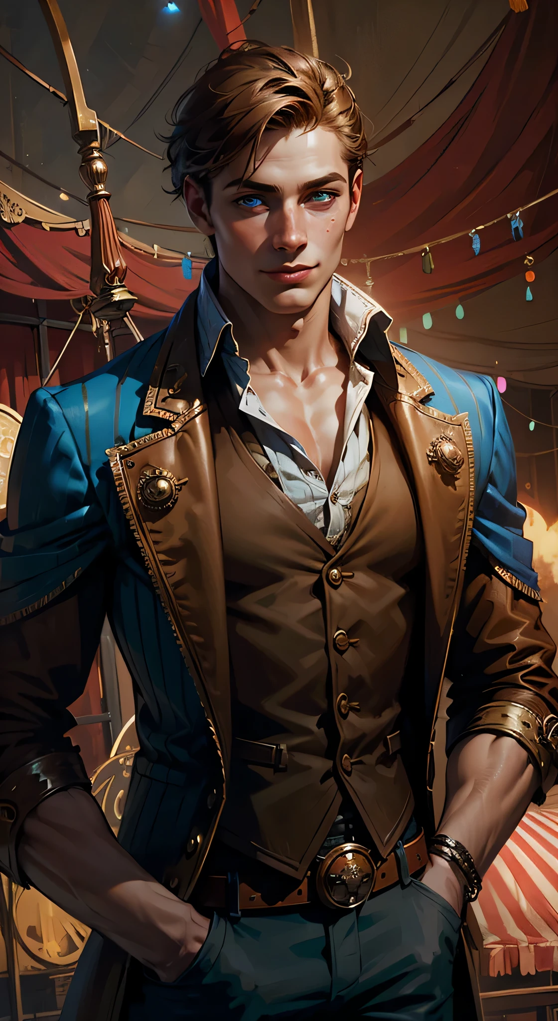 fantasy steampunk, a young attractive man, brush cut, freckles, blue eyes, tan skin, smiley face, unbuttoned red doublet, circus background, he is an illusionist and mage, teenager, steampunk cowboy style in clothes, Western fantasy style