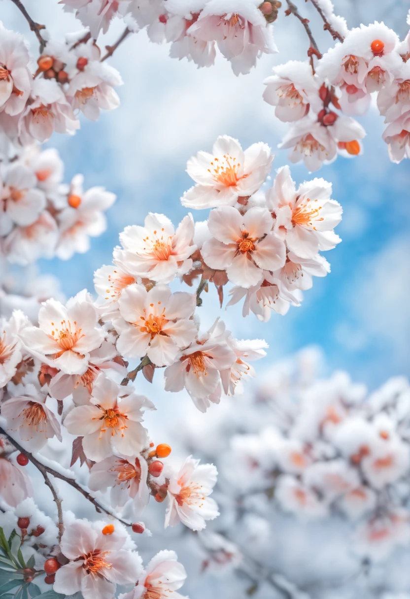 a snow and cloud covered photo of a bunch of flowers, in the style of multidimensional shading, light pink and silver, cherry blossoms, layered translucency, highly detailed foliage, light blue and orange, nikon d850