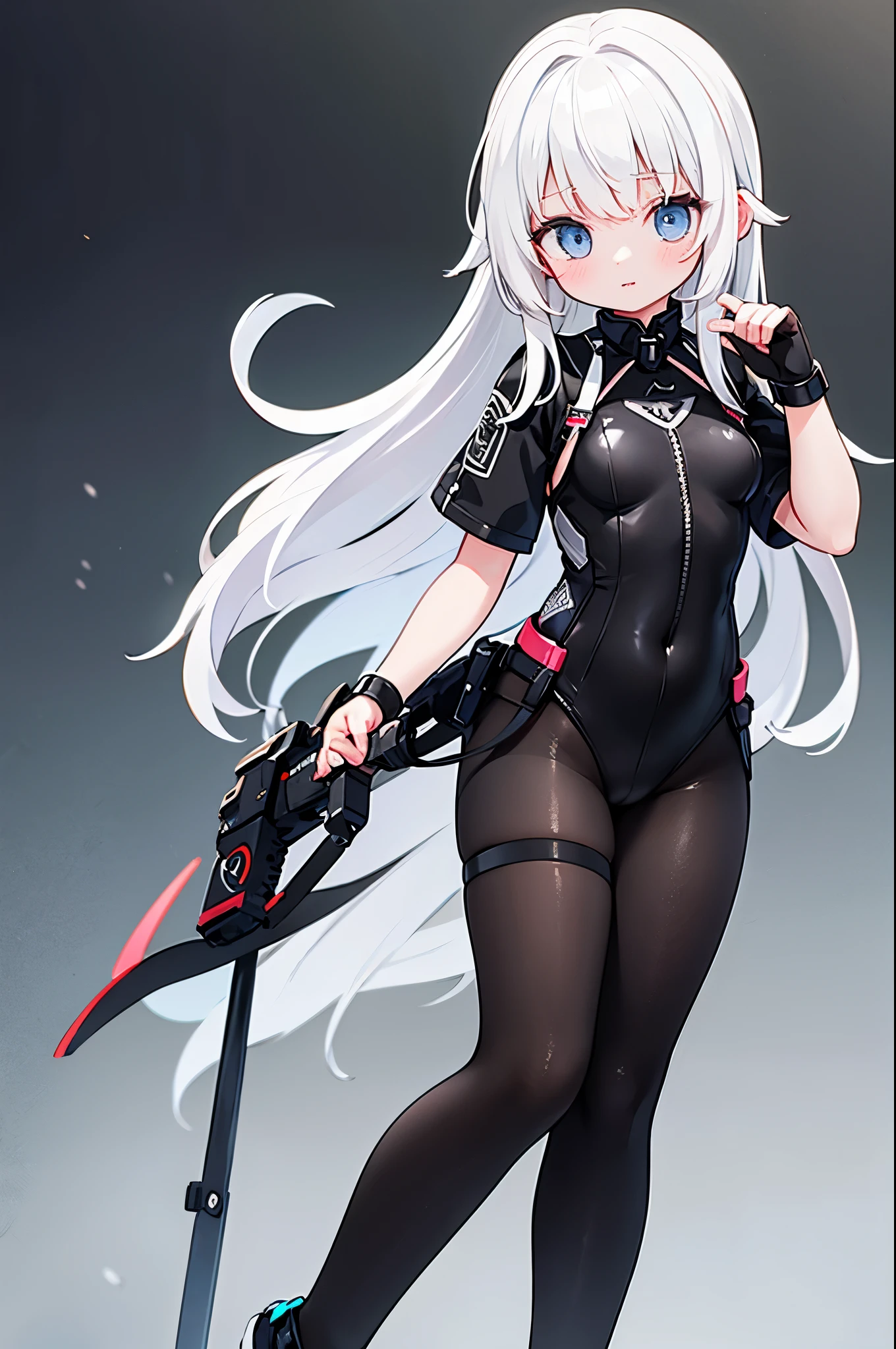 white hair girl，Wearing tight-fitting black combat clothes，Wearing black oily pantyhose underneath，