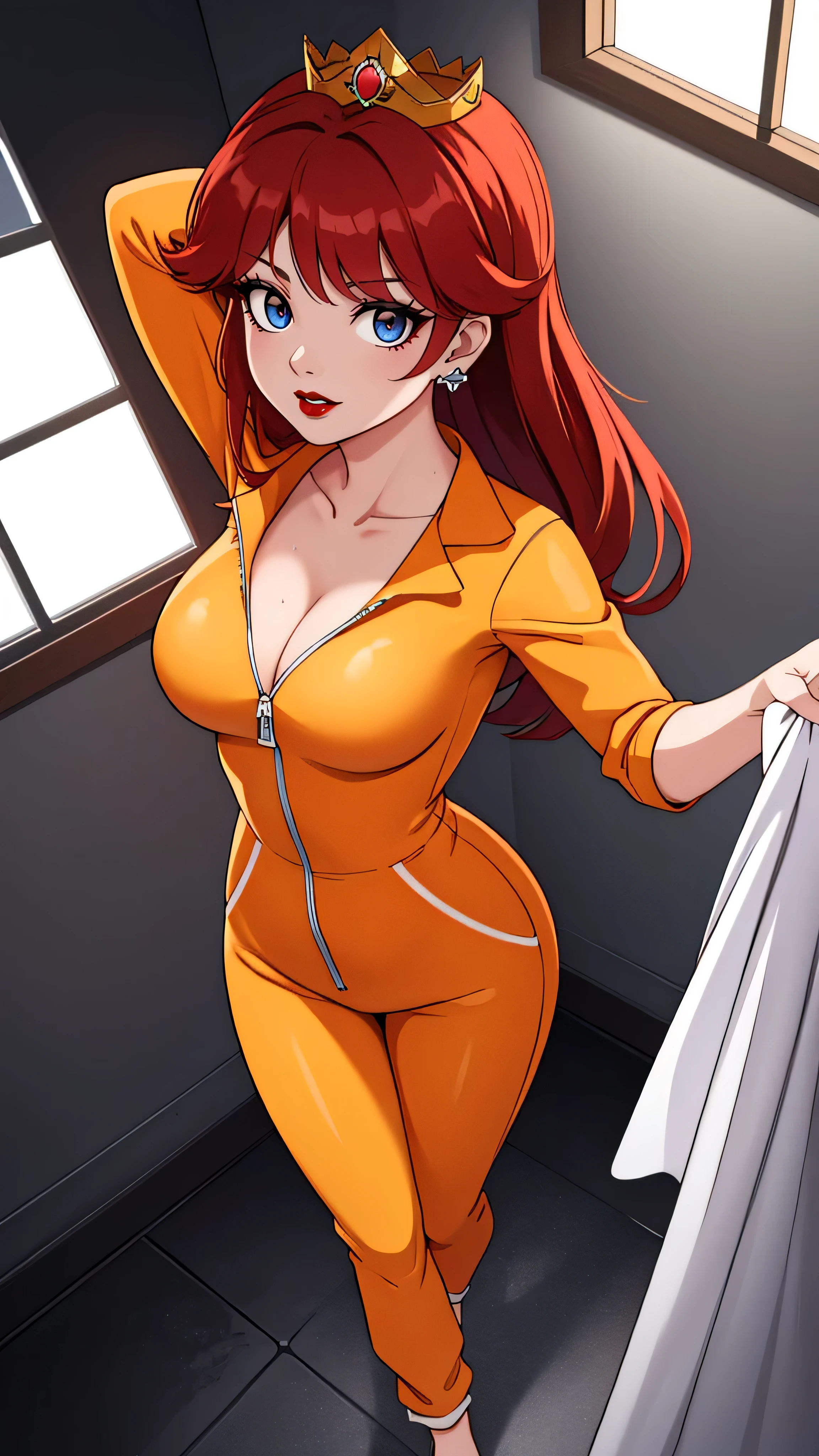 ((high detailed, best quality, 4k, masterpiece, hd:1.3)), ((best quality)), (((HD))), (((8k))), (ultraDH), (ultra HD), Shower_room_background, shower room, Soothing Shower, sunlight through the window, window, wooden room, Princess Daisy, BREAK neon blue eyes, seductive, attractive, sexy smile, smiling, smooth anime cg art, 36C_breasts, cleavage, 36C cleavage, long legs, vivid colors, detailed digital art, slim body, perfect skin, dark red hair, long red hair, dark hair, red hair, long_dark_red_hair_over_breasts, dark_red_hair_over_breast, wet hair, wet red hair, wet_dark_red_hair, wet_dark_red_hair_over_breast, BREAK crown, looking at viewer, BREAK looking at viewer, extremely detailed face, (orange and white jumpsuit), (Jumpsuit:1.5), (orange and white racing suit), (racing suit:1.5), (orange high heels), no bra, no underwear, full body, earrings, gem, dark gothic eyeshadows, dark eyeshadows, black eyeshadows, black_sexy_lips, black lips, dark lips, gothic painted lips, dark_black_lips, very dark lips, black_painted_lips, (very thin lips), thin lips, detailed lips, (dark:1.2), (perfect hands, perfect anatomy), black makeup, detailed fingers, five fingers per hand, 5 fingers, (1 girl), (solo:1.3), (breast focus), (breasts out:1.3), (from above:1.3), (hands behind head:1.3),