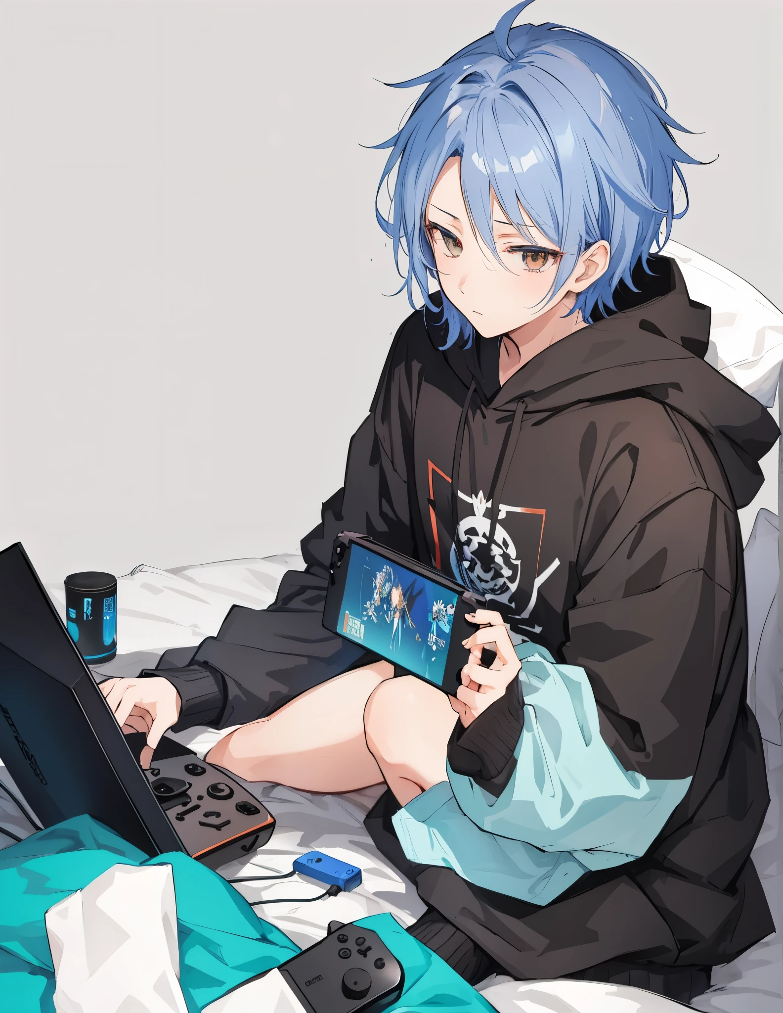 anime man play gaming console switch on a bed, at pixiv, high quality fanart, by Shitao, by Shingei, by Ei-Q, 2 d anime style, sasoura, by Kamagurka, detailed fanart, inspired by Okumura Togyu, hidari and vlop, hold gaming console, man brown Hoodie, and for the girl sleep sideview