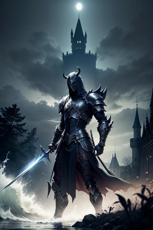 monster daemon wears dark armor A sword that emits eerie waves medieval castle garden at night