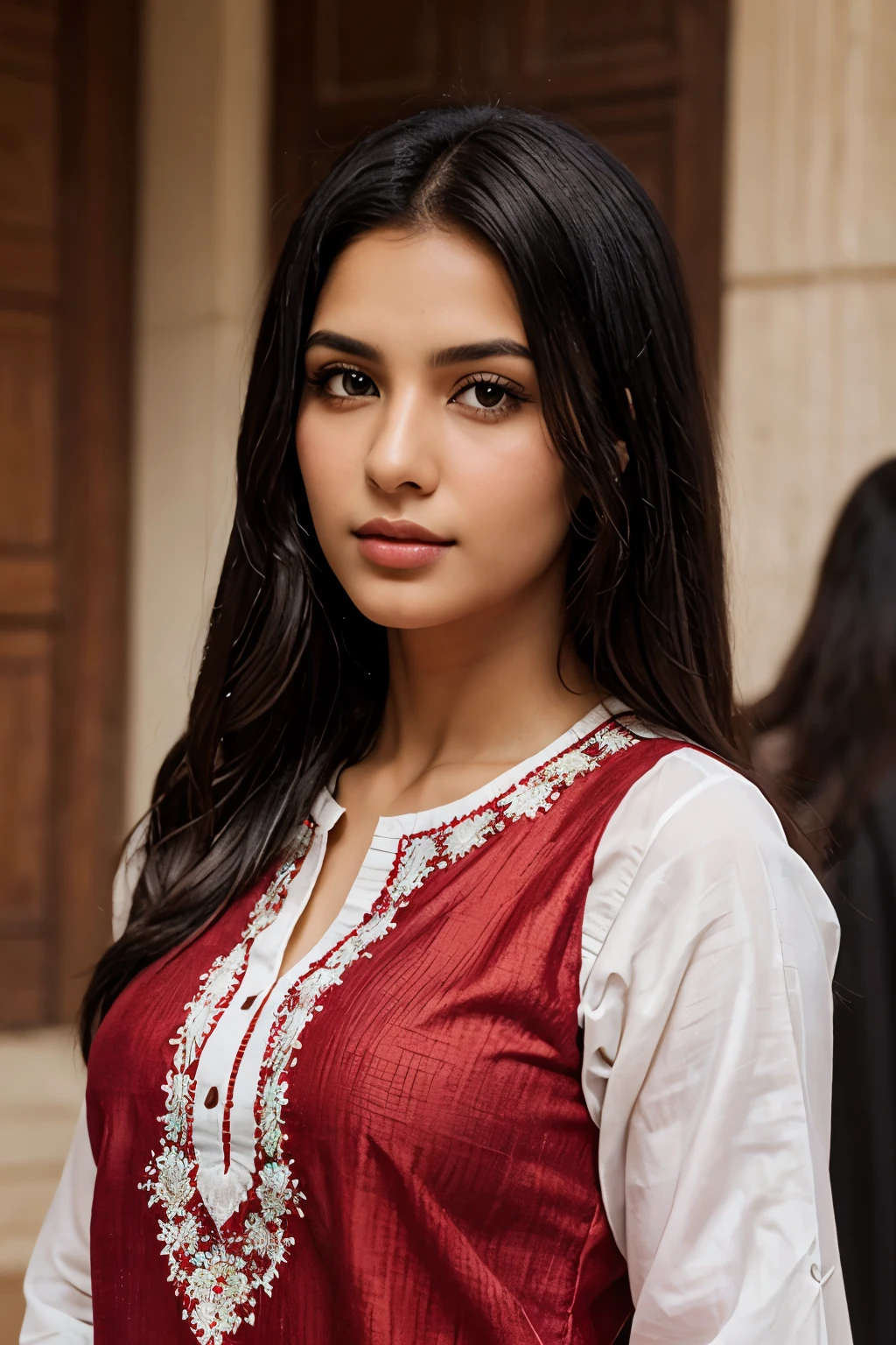 a portrait of a Saudi girl, looking at the viewer head hair black colour(full red and whitekurta)