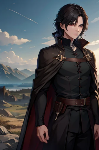 Severus Snape, with dark expression and shoulder-length black hair, wizard's robe, black Extremely long robe, black clothing, adult, old man, 35 years old, thin, detailed eyes, Shoulder-length black hair, dark brown eyes, no beard, portraits with soft lighting, polite expression, professional pose, masterpiece, detailed design, (masterpiece, best quality:1.2), highres, extremely detailed CG unity 8k wallpaper, perfect lighting, Colourful, ultra-high res,4K,ultra-detailed, photography, 8K, HDR, highres fields background, dirt path background, adventurer world, old English castle