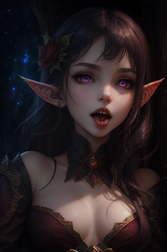 Vampire Girl , Masterpiece, ,(独奏:1.1), a perfect face, (vivid lighting:1.2),beautiful detail eyes, extremely detailed face, perfect lighting,Masterpiece, Best Quality, 1girl, pale skin, hairlong, 20years old , red eyes, fangs, A glass of blood in his hand, Complex hairstyle, vampire fangs, open mouth, sharp teeth, vampire fangs, in full height , seductive position,celestial goddess, Goddess of galaxies, Cosmic Goddess, He has a gentle and beautiful face, elf Angel,1Girl Elf, 1boy, 独奏, -face, Woman sucking a huge thick,Big dick,Licks in the first person, looking a viewer, facial focus,(8K, beste-Qualit: 1.2), (tmasterpiece: 1.37), (photo, photorealestic:1.37), (extra high resolution,insanely detailedRealistic eyes, beautiful detail eyes, (Realistic skin,1 girl,1 boy, suck,lick big dick