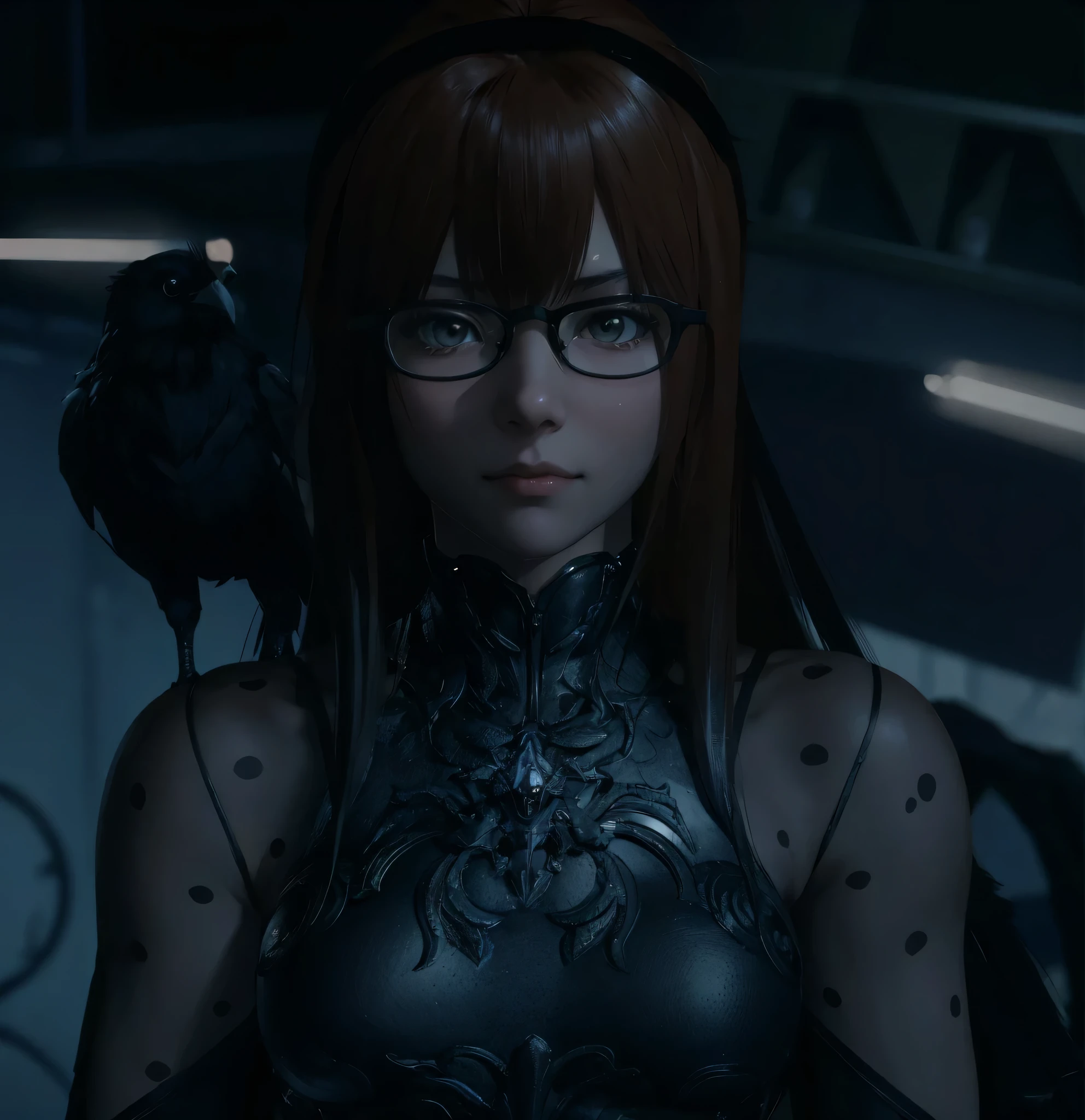 anime girl with glasses and a raven on her shoulder, hints of yayoi kasuma, 2 b, 2b, yayoi kasuma, of a beautiful female warframe, in batman : arkham knight, 8k portrait render, inspired by Leng Mei, [ 4 k photorealism ], inspired by Ayami Kojima, character close up, (masterpiece, best quality), black glasses, black crow