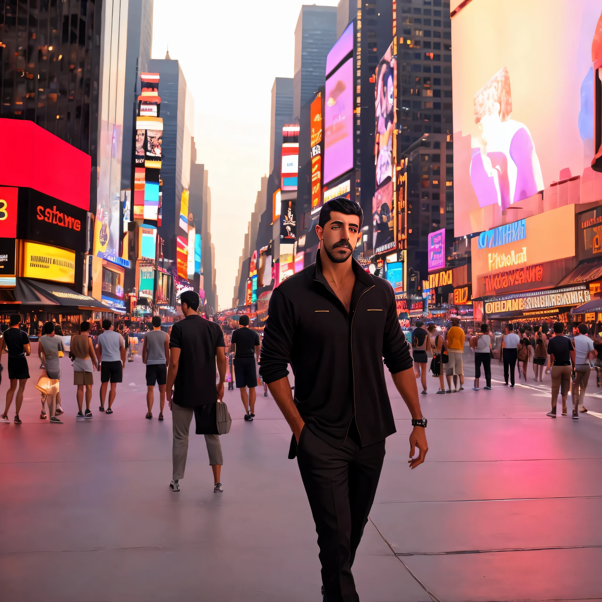 faaris azura standing on the sidewalk in the middle of the street, faaris azura standing in time square, faaris azura standing in times square, in time square, in times square, faaris azura