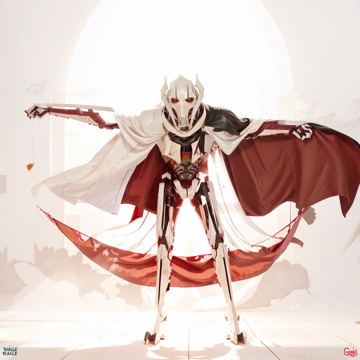 General Grievous, blood red cape, white backgroumd, standing, white metal, white, blood red cape, red cape