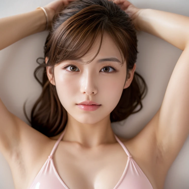 (best quality, highres), enchanting, mesmerizing expression, double eyelids, ponytail, brown hair, Japanese, 22 years old, translucent string bikini, blurred background, night pool, confident chest, idol face, full body pose, wrinkle on the armpit, pressing the chest, busty, open mouth, pale pink lipstick, radiant skin, thin eyebrows, long eyelashes, clean-shaven