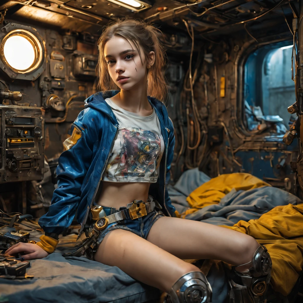 1 girls, 13 years old perfect likeness of Dasha Teran SDXL wearing blue and gold vaultgirl. Clothing torn, girls clothes and face is dirty from battle. She is petite and slim, small girl, short girl, fine detailed eyes, weapons slung over shoulder, sitting on a bed In a cyberpunk steel bunker with hatches etc., in the background. , professionally color graded, professional photography, well drawn, masterpiece, hyper realistic, ultra detailed, high quality, best quality, 4k, 8k, hi resolution, very young girl, young face, cute, beautiful, ((NSFW、realistic)), 