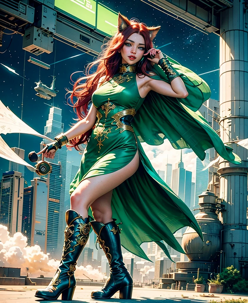 masterpiece, Best Quality, Illustration, Ultra-detailed, finely detail, high resolution, 8K Wallpaper, Perfect dynamic composition, beautiful woman with cat ears, big green detailed, intricate, realistic, light green eyes, big red lips, freckles, realistic detailed face and skin, eyeliner, blush, eyeshadow, layered, big shoulder length red hair, floating hair, messy hair, hair framing face, mischievous smile, elaborate embroidered silk iridescent dress, silk knee high boots, full body, futuristic cityscape, dreamy, blue sky, fashion photo,