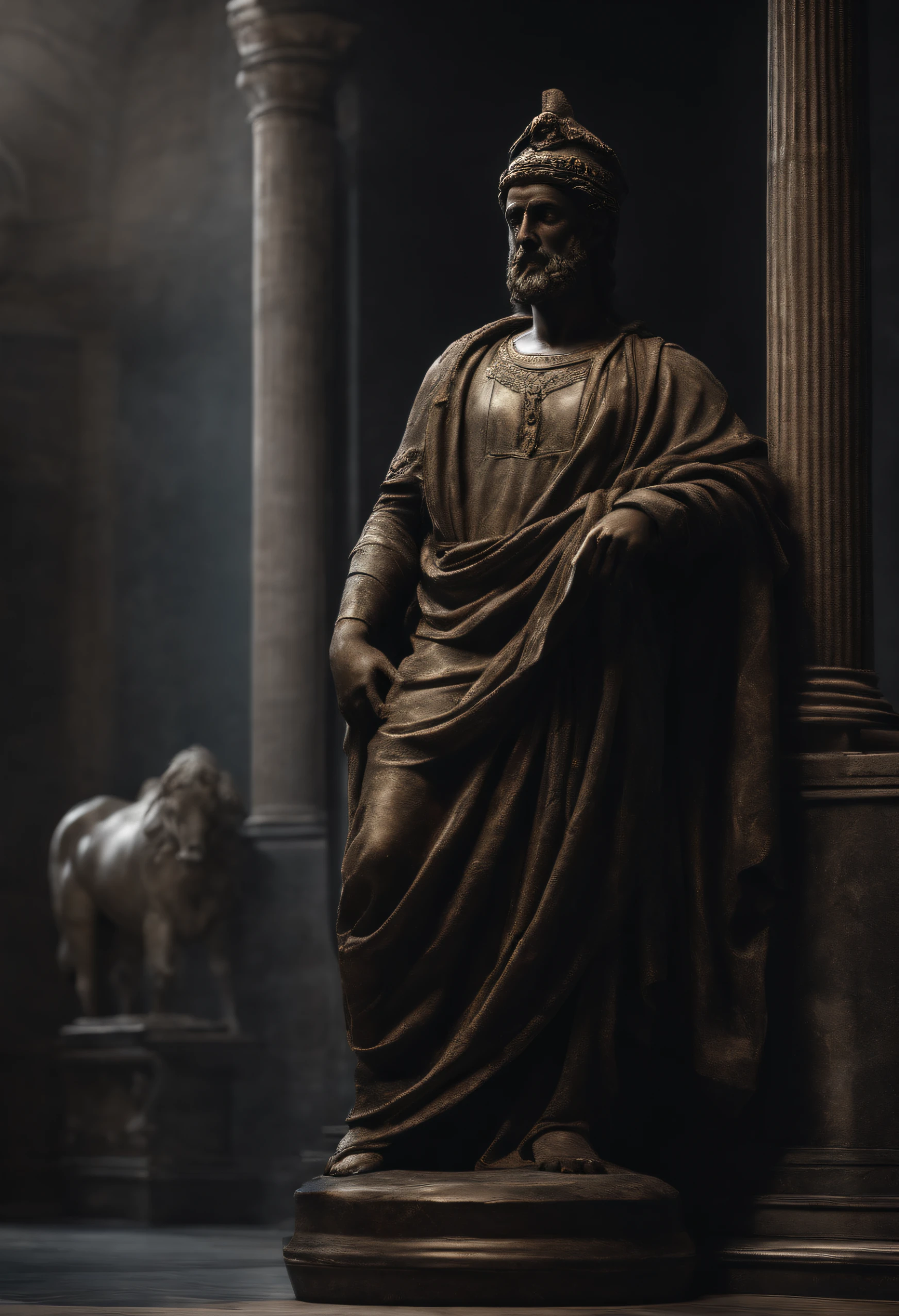 Black marble statue, realista, Zeno of Scythia, postura estoica, period clothes, fundo neutro, Moody, fotorrealista, super detalhada, Hiper realista, luzes brilhantes, 8k