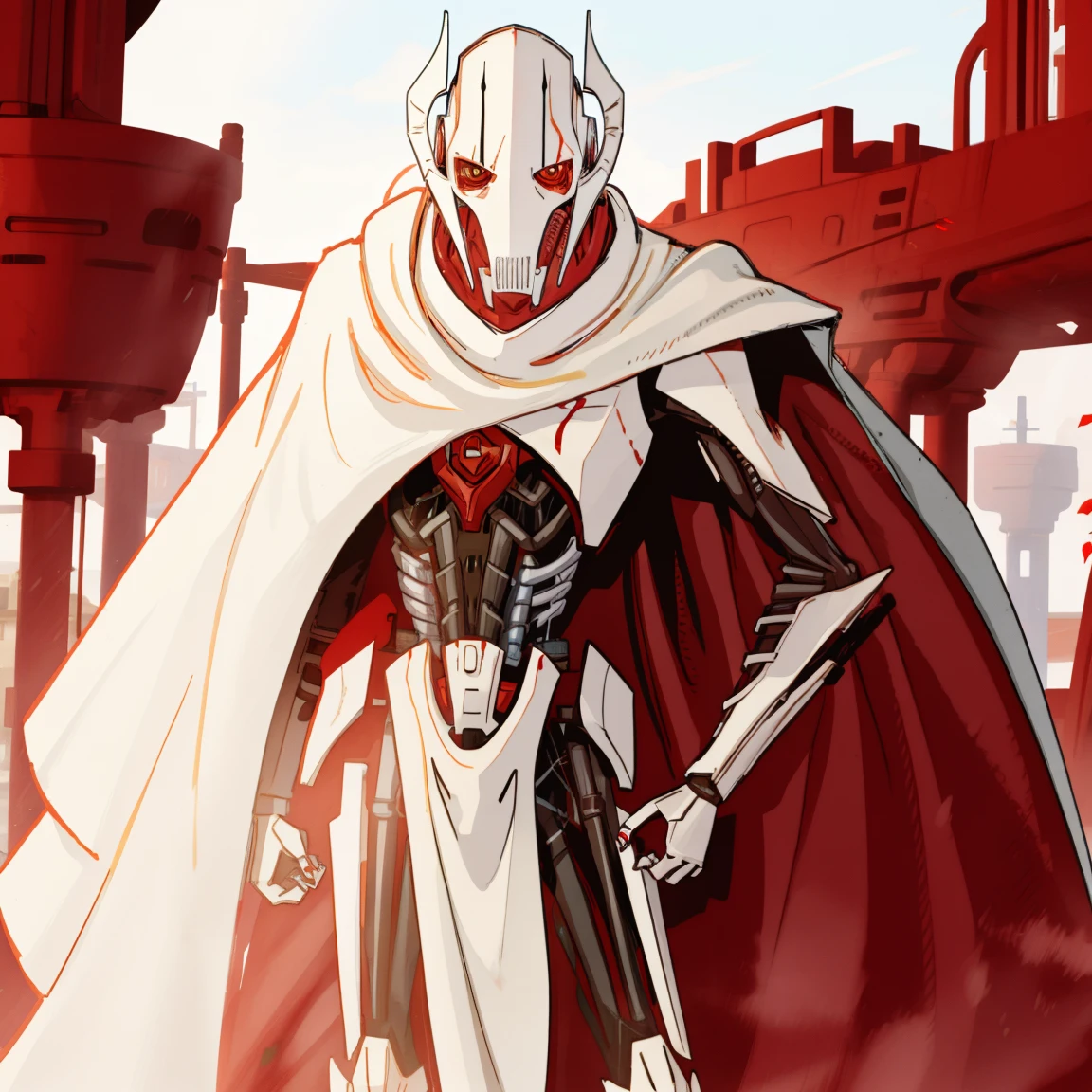 General Grievous, blood red cape, white backgroumd, standing, white metal, white, blood red cape, red cape