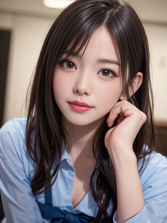 (hyper real stick:1.4), (photo realistic:1.4), masterpiece、highest quality、intense eye highlights、beautiful detailed girl, very detailed目と顔, beautiful and fine eyes, That's ridiculous, unbelievable That's ridiculous,cute笑顔、 super detailed, High resolution, very detailed, best quality, Masseter muscle part, ((Japanese girls' high school uniform)), very detailed, 8k wallpaper, grow, finely, Masseter muscle part,, best quality, very detailedええとユニフォーム8k壁紙, light shines on your face、movie lighting、18 year old girl、((dynamic pose))、(half)、(Sit straight with your knees bent)、short hair、long neck、Please show your ears、bangs、Big eyes、eyelash、beautiful teeth、cute、とてもcute