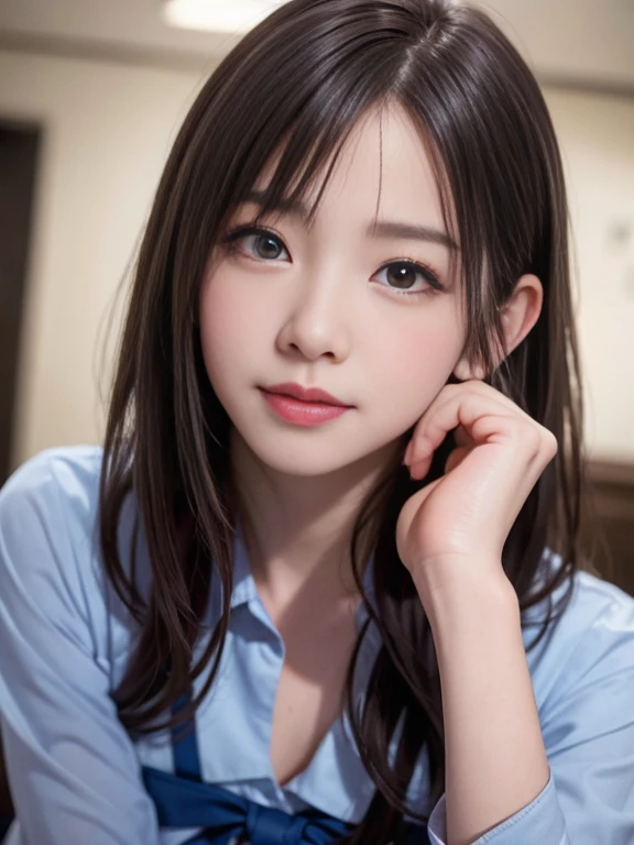 (hyper real stick:1.4), (photo realistic:1.4), masterpiece、highest quality、intense eye highlights、beautiful detailed girl, very detailed目と顔, beautiful and fine eyes, That&#39;s ridiculous, unbelievable That&#39;s ridiculous,cute笑顔、 super detailed, High resolution, very detailed, best quality, Masseter muscle part, ((Japanese girls&#39; high school uniform)), very detailed, 8k wallpaper, grow, finely, Masseter muscle part,, best quality, very detailedええとユニフォーム8k壁紙, light shines on your face、movie lighting、18 year old girl、((dynamic pose))、(half)、(Sit straight with your knees bent)、short hair、long neck、Please show your ears、bangs、Big eyes、eyelash、beautiful teeth、cute、とてもcute