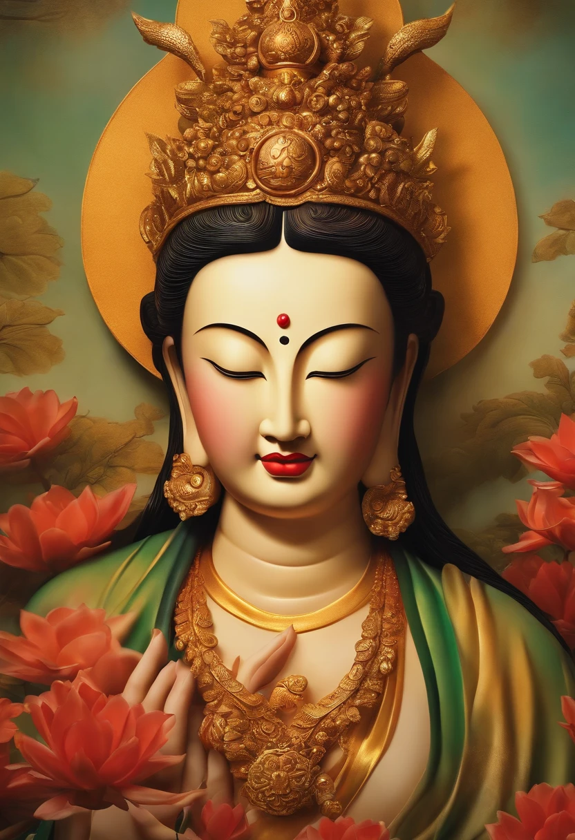 a close up of a statue of a woman with a necklace and flowers, ancient chinese goddess, ancient chinese beauties, gilded lotus princess, guanyin of the southern seas, guanyin, goddess of love and peace, chinese empress, ancient chinese princess, a stunning portrait of a goddess, 3 d goddess portrait, portrait of a beautiful goddess