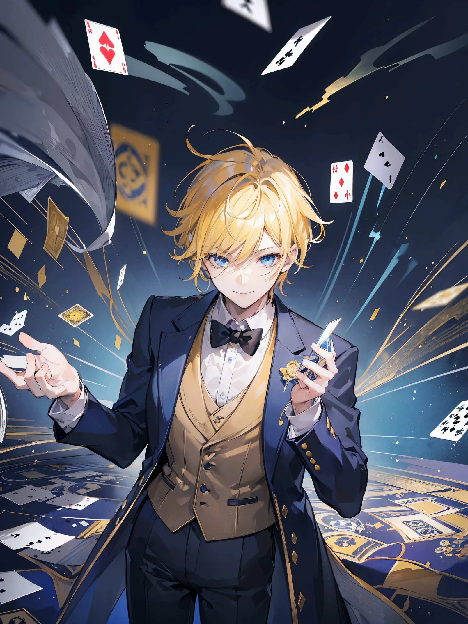 (Man 1,male, yellow hair, detailed blue eyes, classic suit with different colors, smile, witch, playing cards, holding playing cards), highly detailed CG, unit, 8K wallpapers, highest quality, high resolution, beautiful lighting, realistic shadow,( detailed face and eyes Highly)