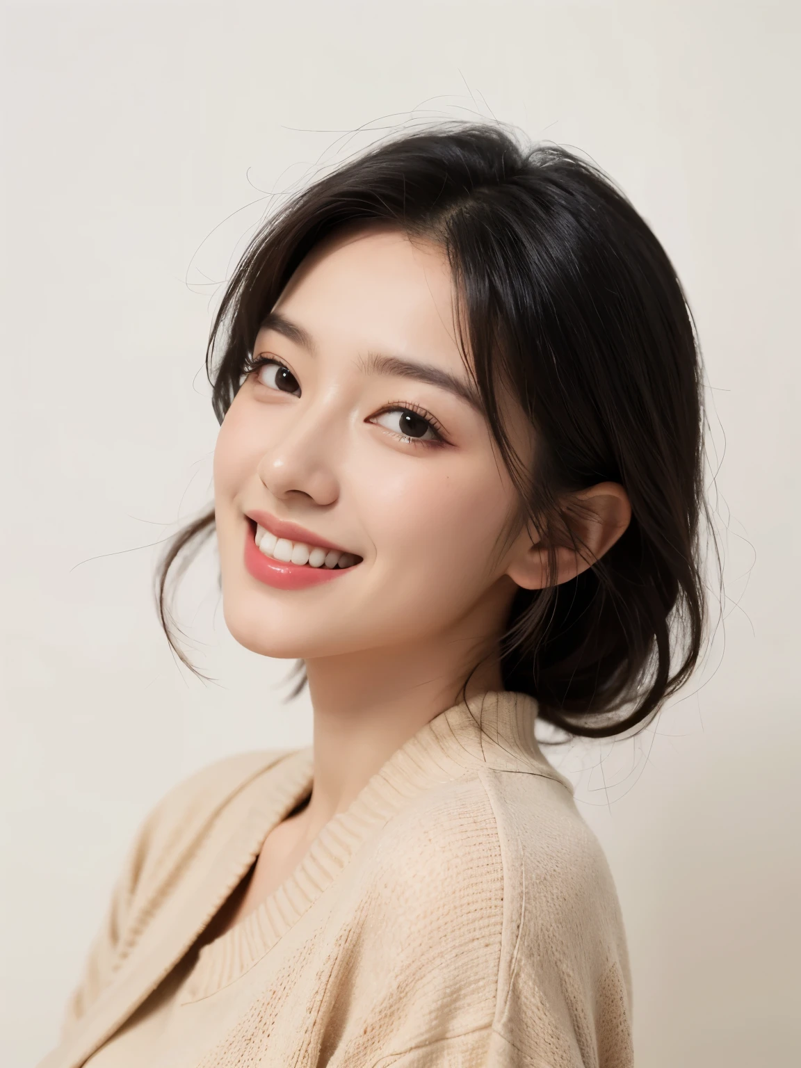 masterpiece、highest quality、(long shot)、((white wall))、((simple background))、1 girl、(Upper body)、(black eyes)、(long eyelashes)、Diagonal angle、[[profile]]、smile、white teeth、((beautiful row of teeth))、medium hair、(black hair)、Fashionable、long sleeve、(Beige clothes)