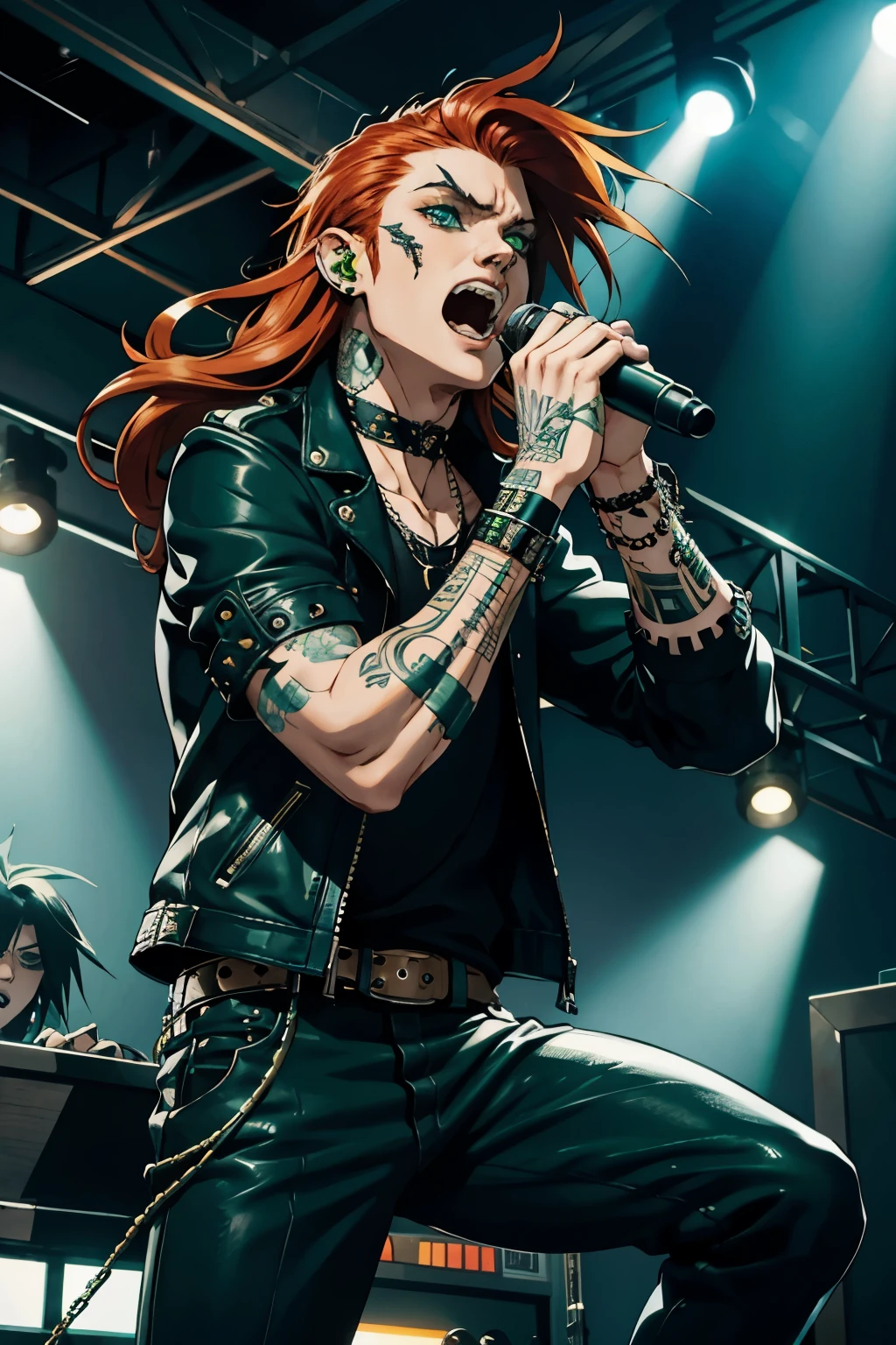 Punk, trad emo subculture, gothic boy, long ginger hair, green eyes, trad emo, scene, emo scene, lead singer, screaming into microphone, dynamic pose, metal headbanging,