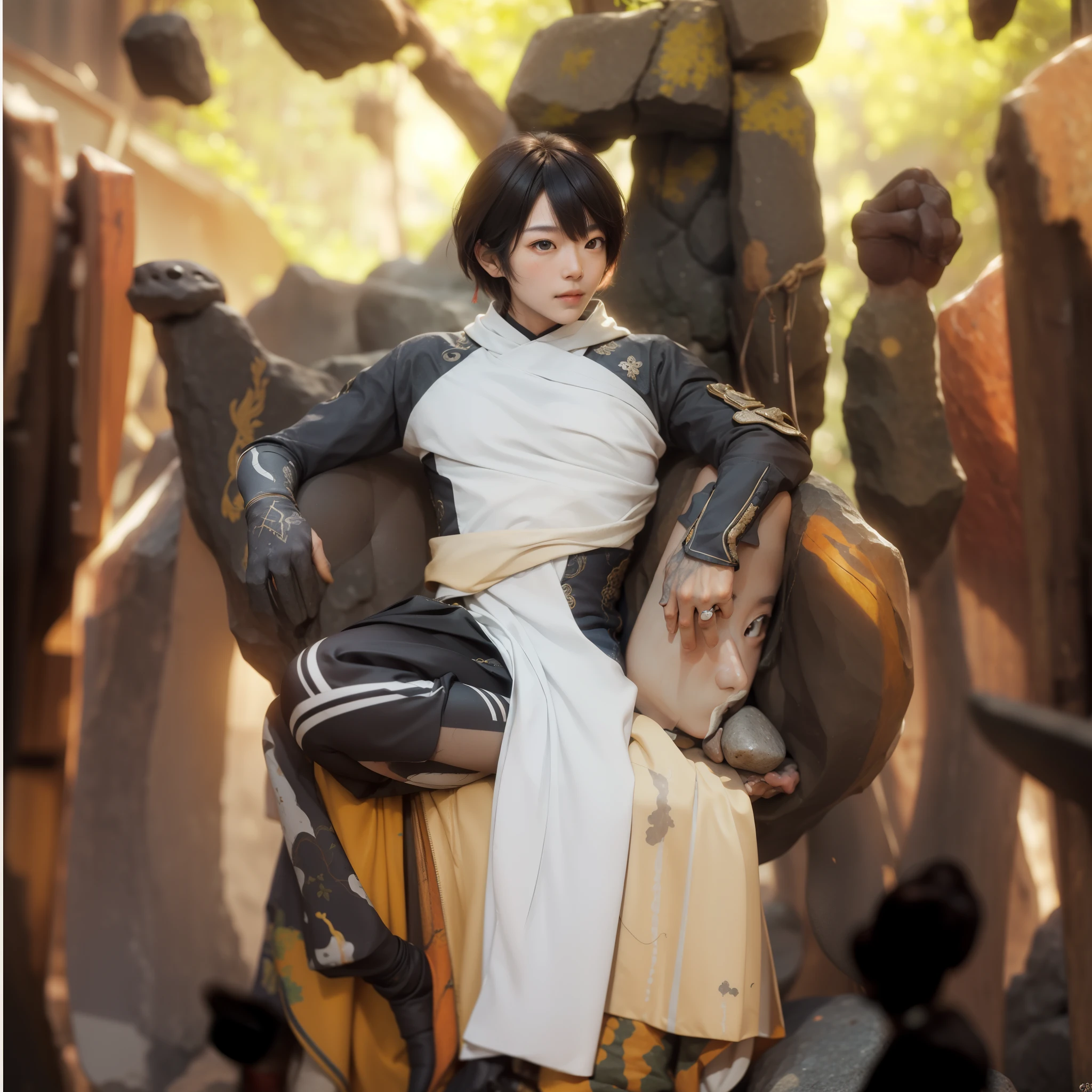 ((Zhongli morax_GENSHIN IMPACT)),((realistic, photorealistic)),(highlight hair)), Light reflection, (( HD )),((upper body)), (((best quality, masterpiece))), (masterpiece) (best quality) (detail) (8k) (HDR) (wallpaper) (cinematic lighting) (sharp focuasterpiece, best quality: 1.1), 1men solo, Zhongli, shadow,back light,Zhongli Spear genshin impact, sitting on a rock shaped like a larva's hand, a mountain rock ruin,Mountain rocks background,Stone-shaped hands