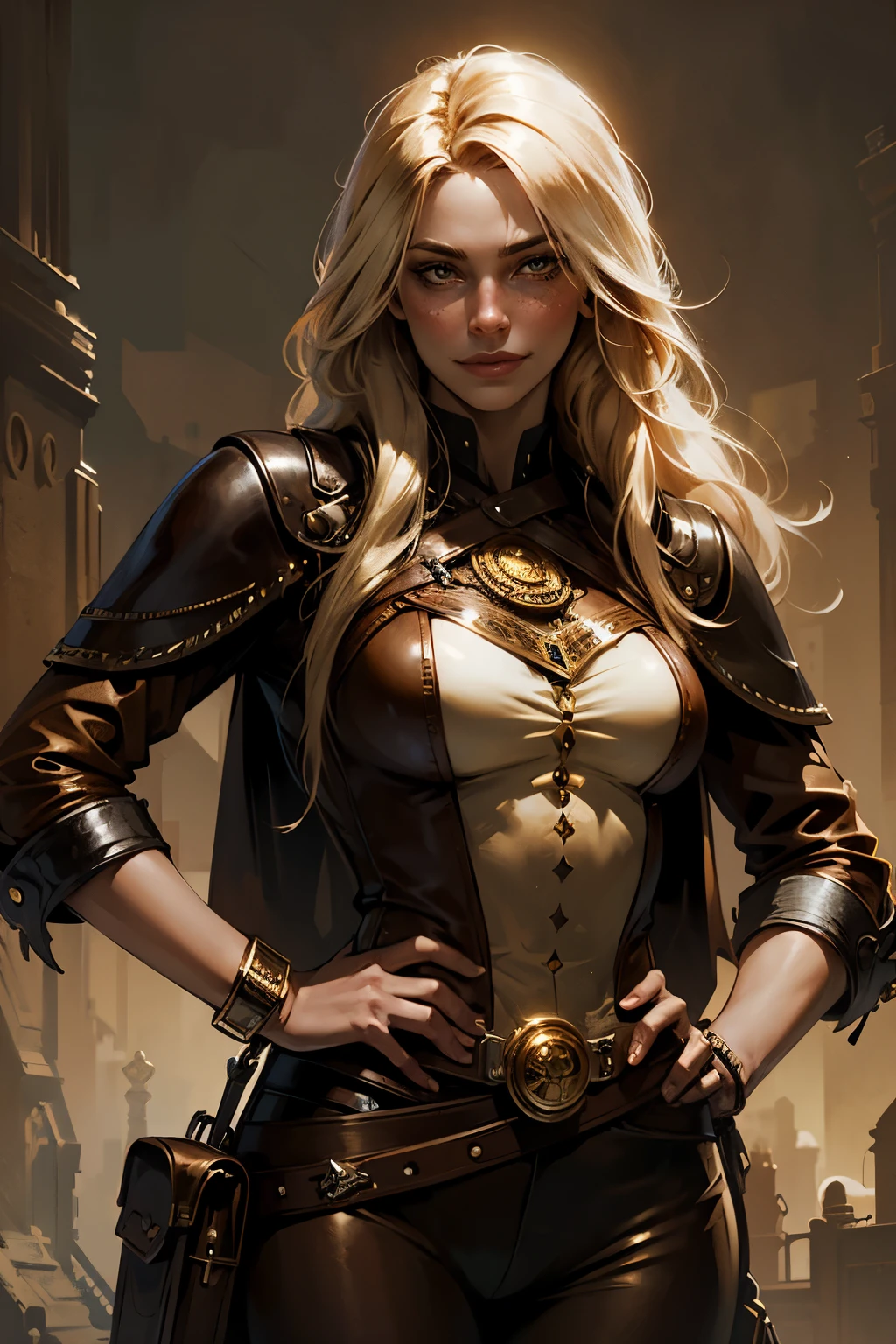 fantasy steampunk, a young attractive woman, long golden hair, freckles, pale eyes, dark tan skin, smiley face, two revolvers in a leather holster, cowboy clothes, teenager, steampunk cowboy style in clothes, Western fantasy style