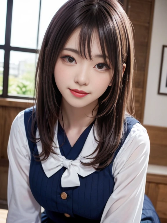 (hyper real stick:1.4), (photo realistic:1.4), table top、highest quality、intense eye highlights、beautiful detailed adult woman, very detailed目と顔, beautiful and fine eyes, That&#39;s ridiculous, unbelievable That&#39;s ridiculous,cute笑顔、 super detailed, High resolution, very detailed, best quality, Masseter muscle part, ((Japanese girls&#39; high school uniform)), very detailed, 8k wallpaper, grow, finely, Masseter muscle part,, best quality, very detailedええとユニフォーム8k壁紙, light shines on your face、movie lighting、28 year old woman、((dynamic pose))、(half)、(very tall supermodel:1.4、Sit straight with your knees bent)、short hair、long neck、Please show your ears、bangs、Big eyes、eyelash、beautiful teeth、cute、とてもcute