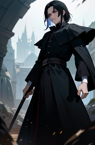 Severus Snape, with dark expression and shoulder-length black hair, wizard's robe, black Extremely long robe, black clothing, adult, old man, 35 years old, thin, detailed eyes, Shoulder-length black hair, dark brown eyes, no beard, polite expression, professional pose, masterpiece, detailed design, (masterpiece, best quality:1.2), highres, extremely detailed CG unity 8k wallpaper, perfect lighting, Colourful, ultra-high res,4K,ultra-detailed, photography, 8K, HDR, highres fields background, dirt path background, adventurer world, old English magical castle
