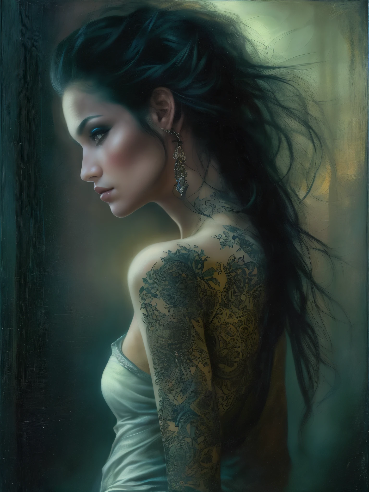 (((close-up shot))), (((nighttime))), (((dark tones))), (((black filter))), (dark outside), Luis Royo-style illustration of a beautiful striking figure, (((slim frame that exudes confidence and resilience))), intricate full sleeve tattoo, (tetradic color combination), 32k resolution, best quality, gaze into the camera, white light. (((fully clothed)))